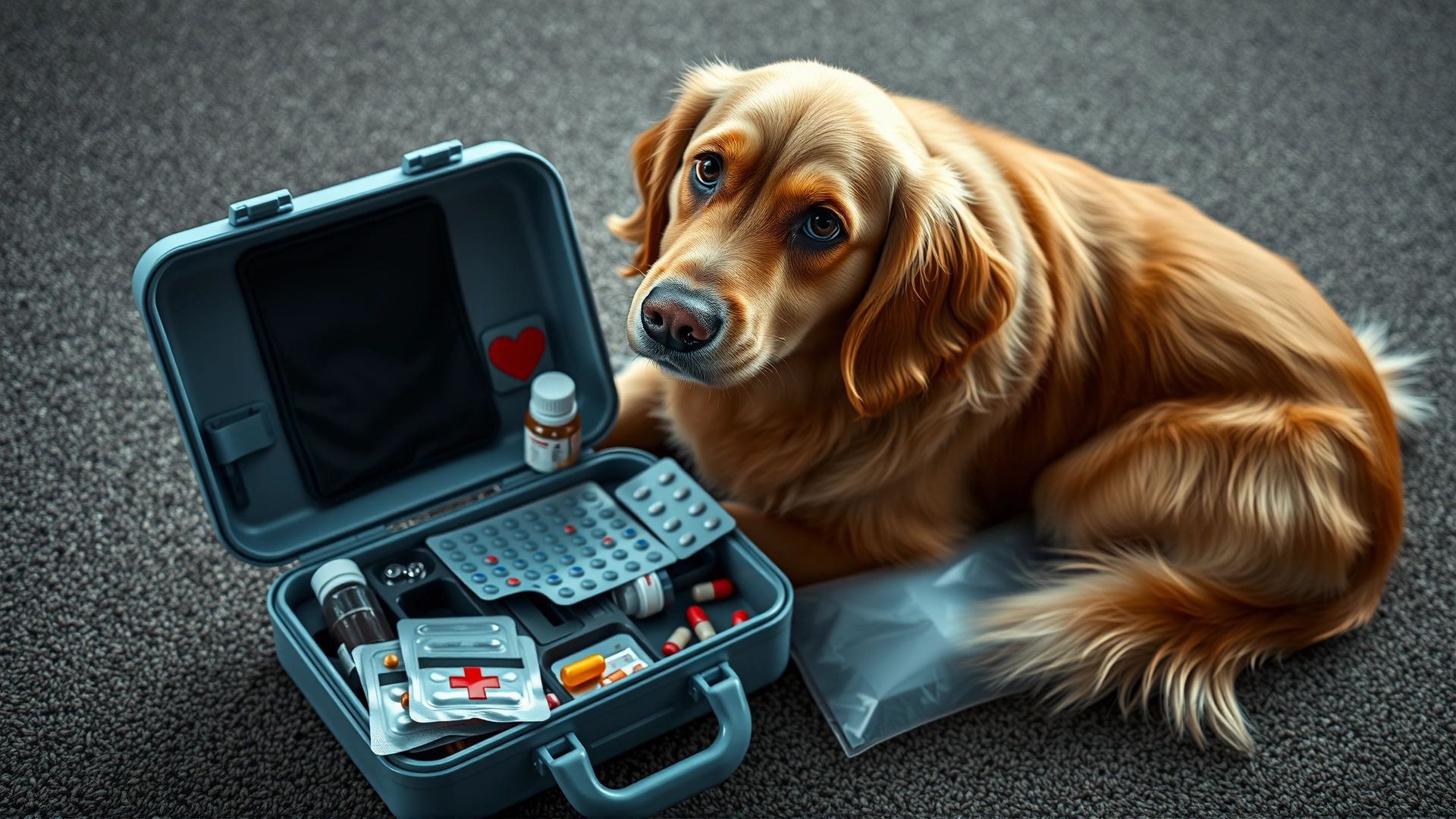 Friendly golden retriever sitting next to an open first-aid kit containing blister packs and pill bottles on a carpet.