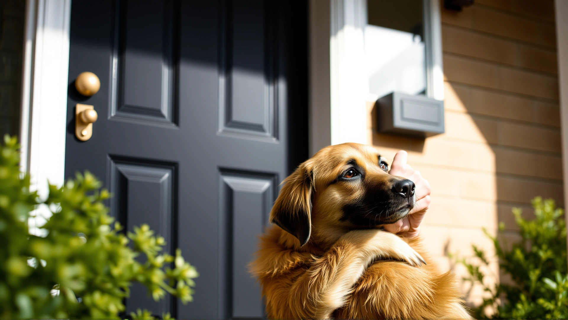 Owner gently hugging their medium-sized dog near the front door, illustrating emotional bonding and separation anxiety context.