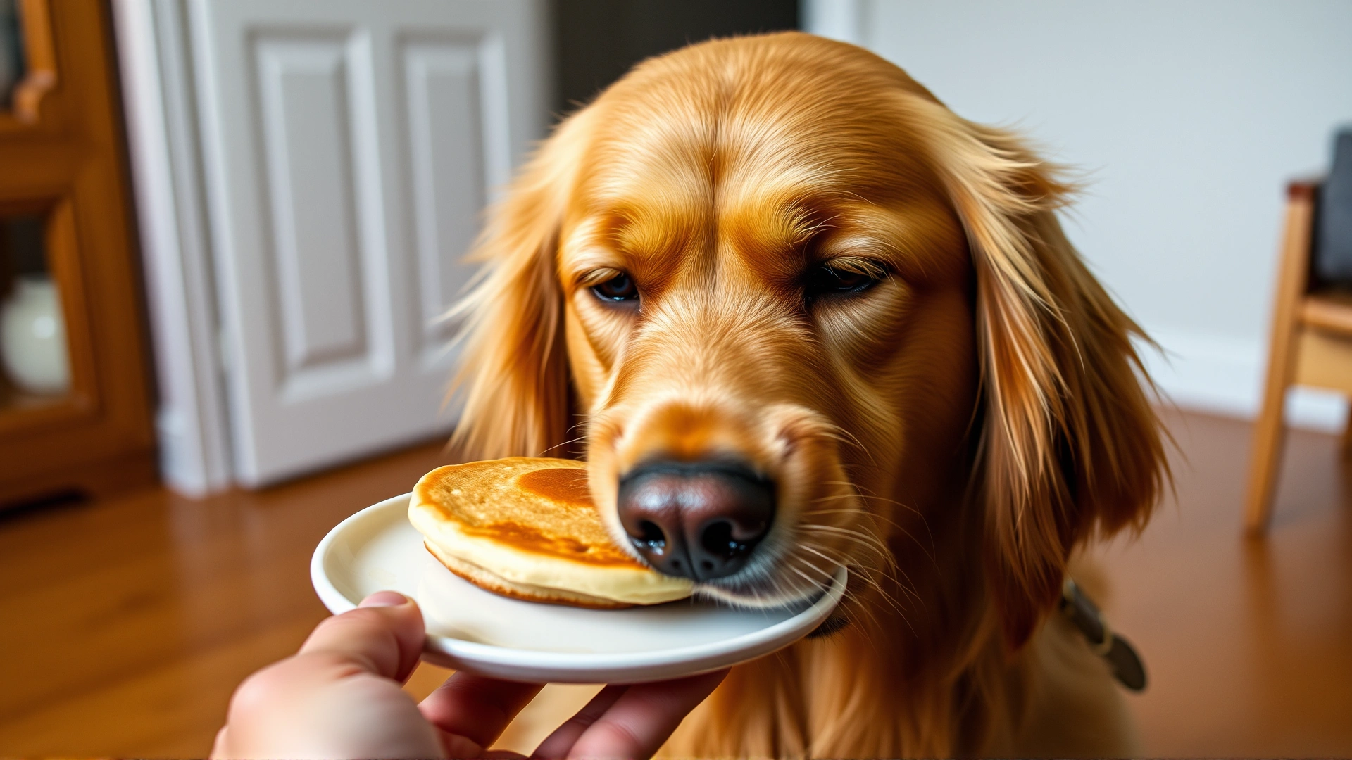 Close-up of a golden retriever gently sniffing a single plain pancake held in a human hand, warm indoor lighting.