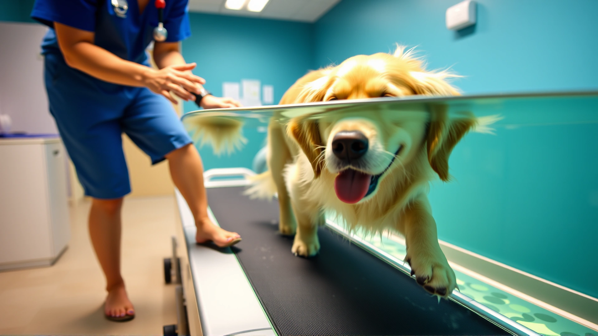 Golden retriever walking on an underwater treadmill during physical therapy session, therapist’s hands guiding, bright clinic environment.