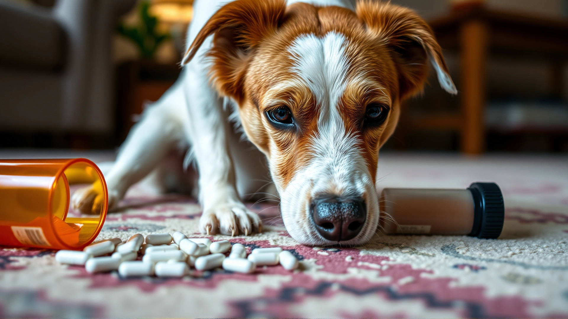 A curious dog sniffing a small pile of white tablets spilled from an orange prescription bottle on a living room rug; shallow depth of field.
