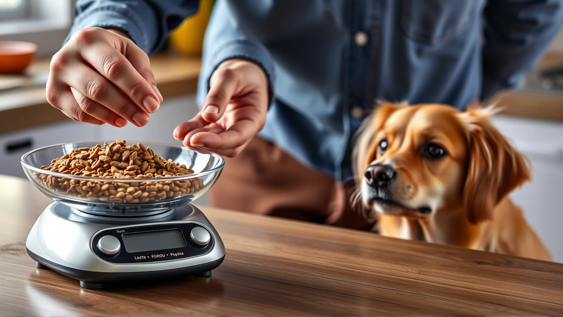 A person measuring a portion of dry dog food on a kitchen scale while a curious dog watches, illustrating proper portion control.
