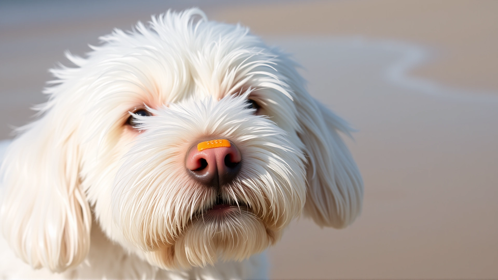Short-coated white dog with a dab of pet-safe sunscreen on its pink nose, beach background out of focus.