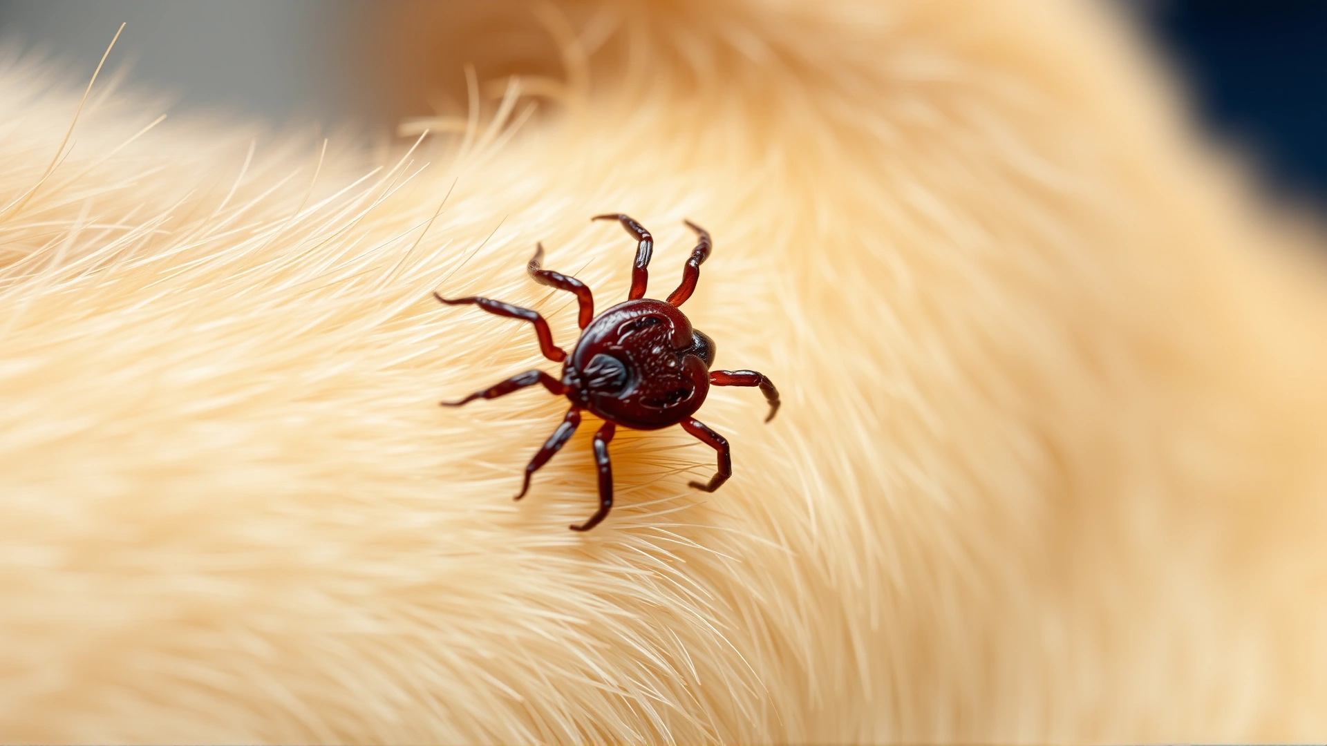 Macro shot of a brown dog tick attached to a dog's fur on a light background, high detail, no text.