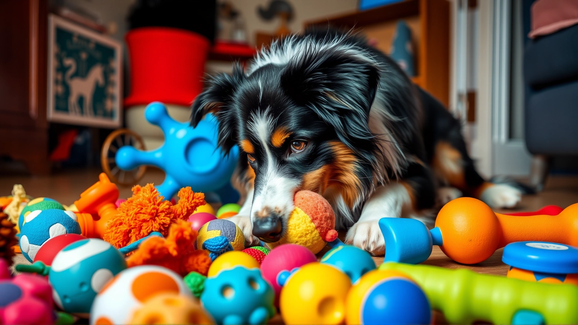Colorful assortment of dog toys on the floor with an Australian shepherd sniffing a plush ball, indoor setting, vibrant colors