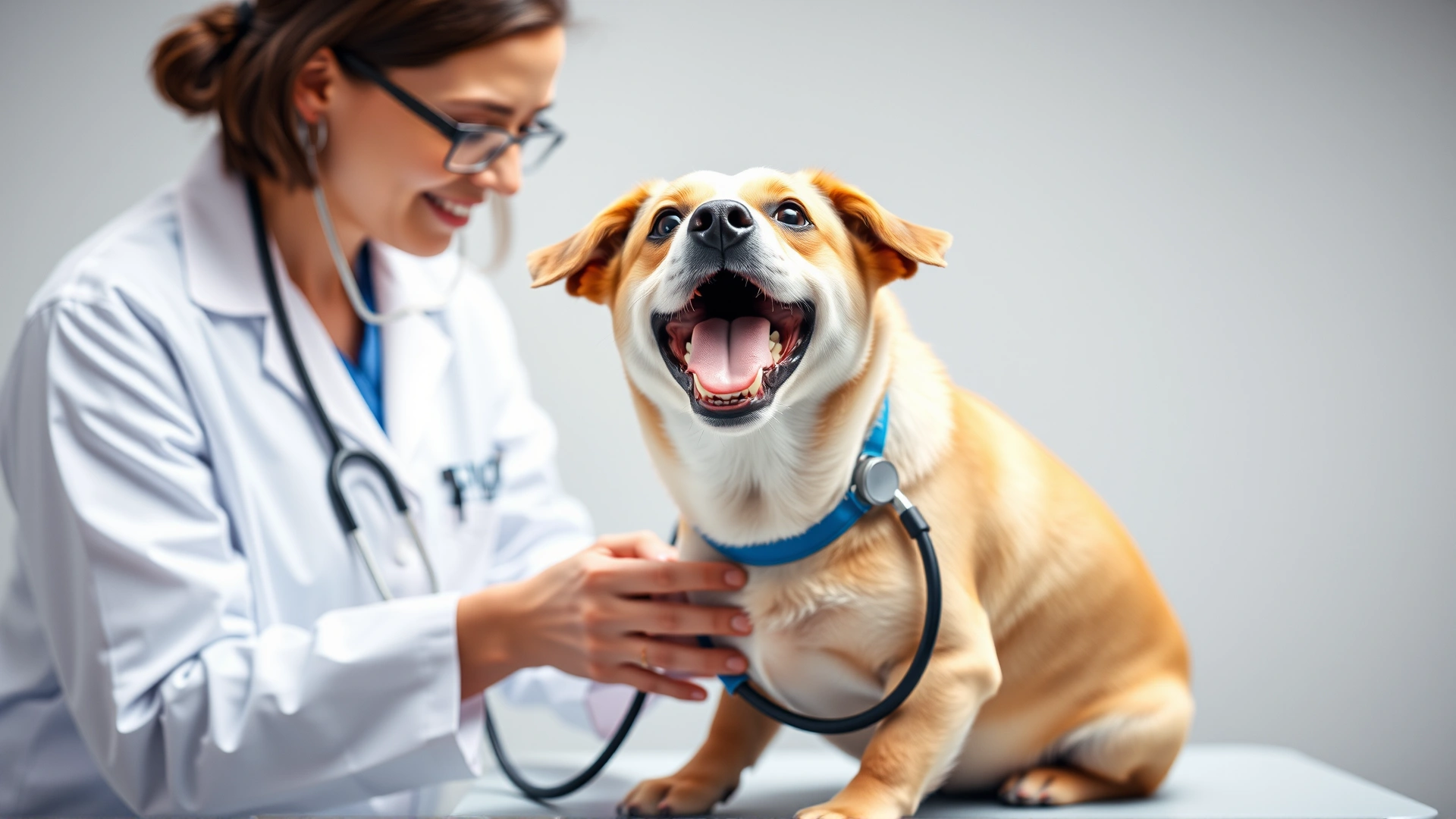 Happy dog sitting on a veterinary table while a vet in a white coat uses a stethoscope on its abdomen, bright clinical background.
