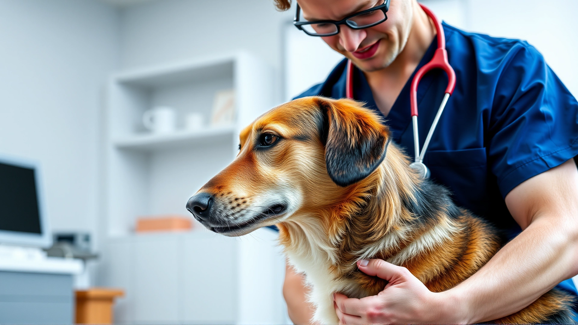 Veterinarian wearing scrubs and stethoscope gently examining a medium-sized dog in a modern clinic room.