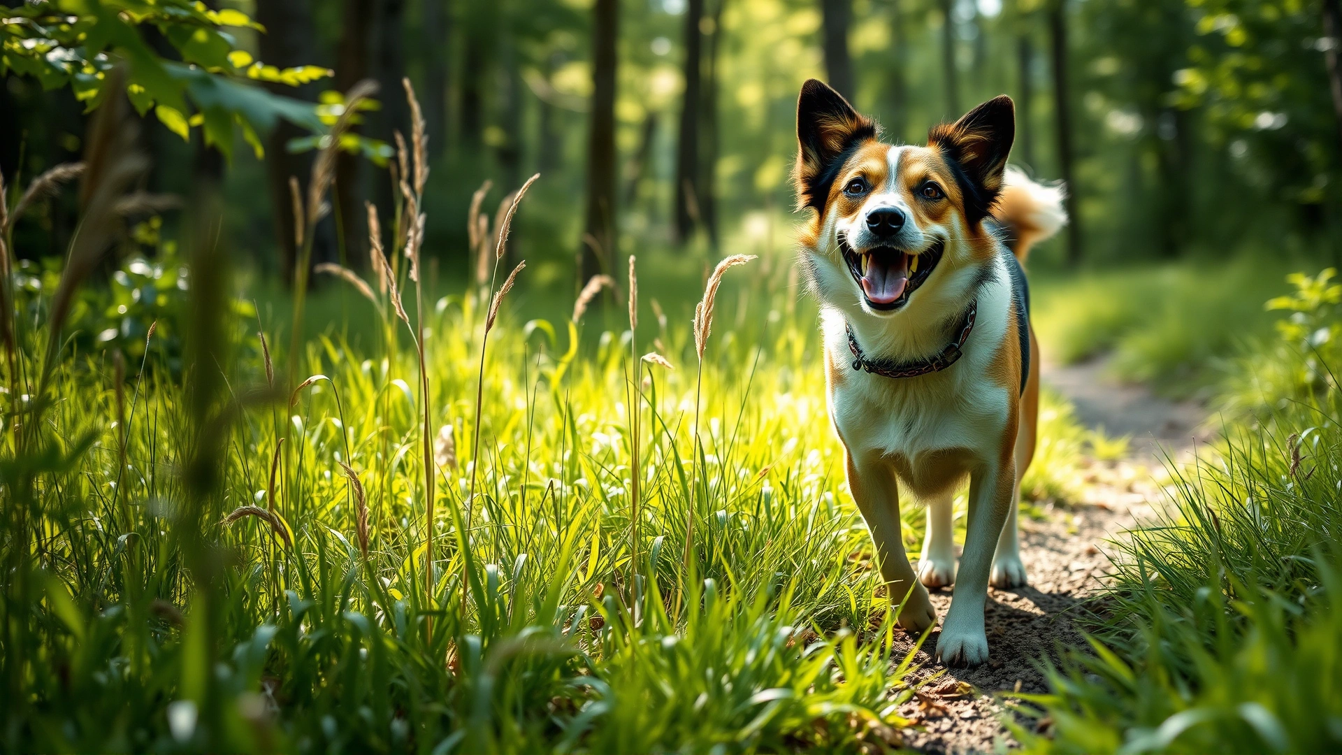 Medium shot of a happy medium-sized dog exploring a lush wooded trail with tall grass and dappled sunlight, capturing potential tick habitat, no text.