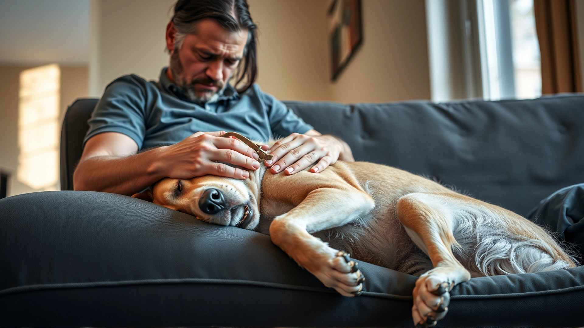 Indoor scene of a concerned owner comforting a lethargic dog lying on a couch, natural window light, conveys anxiety and care.