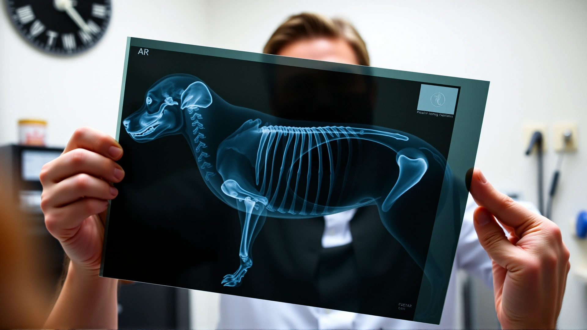 X-ray film being held up by a veterinarian in a clinical setting, showing a dog's limb bones clearly.