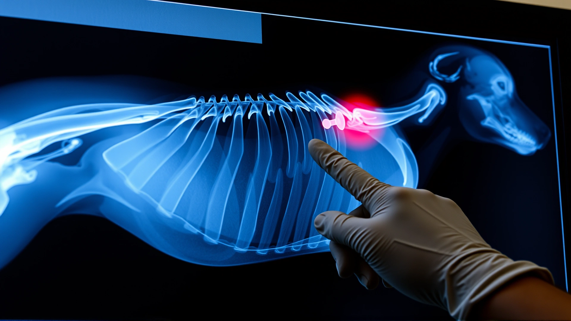Close-up of a dog's thoracic X-ray displayed on a lightbox with a gloved veterinary hand pointing at an area of interest
