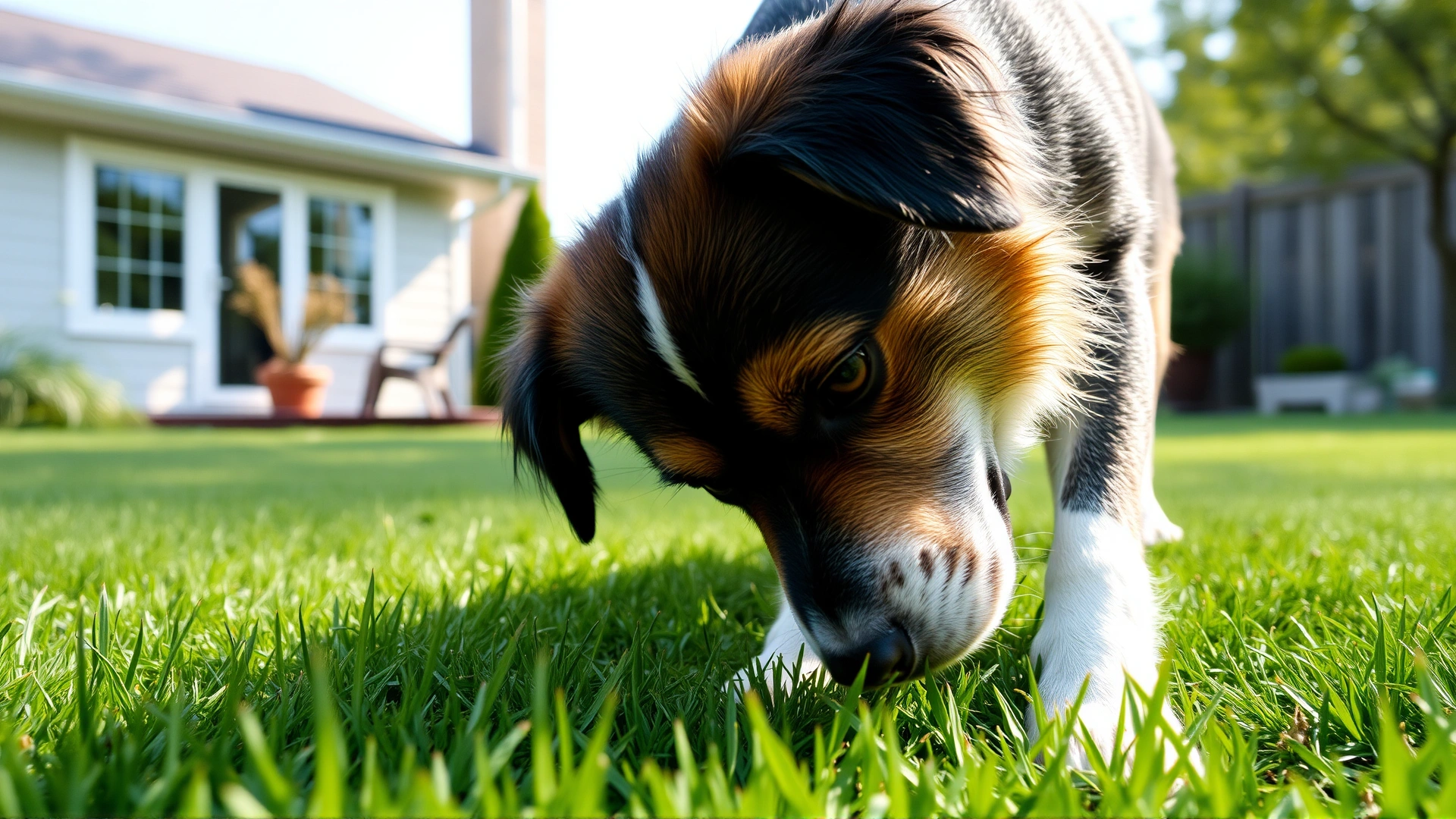 Playful dog sniffing a well-maintained backyard lawn free of pesticides, sunny afternoon, family house blurred in background