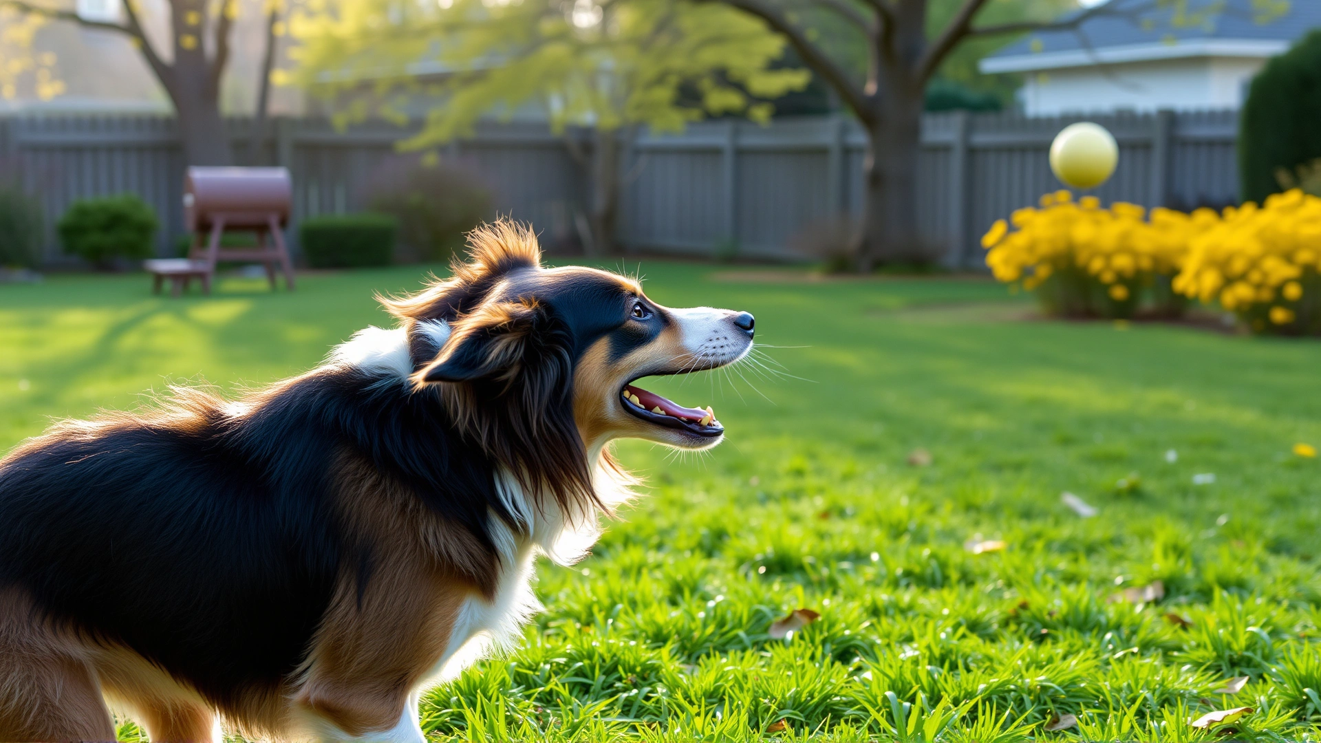 Dog playing fetch in a green backyard during early spring, representing extended parasite season due to climate change.
