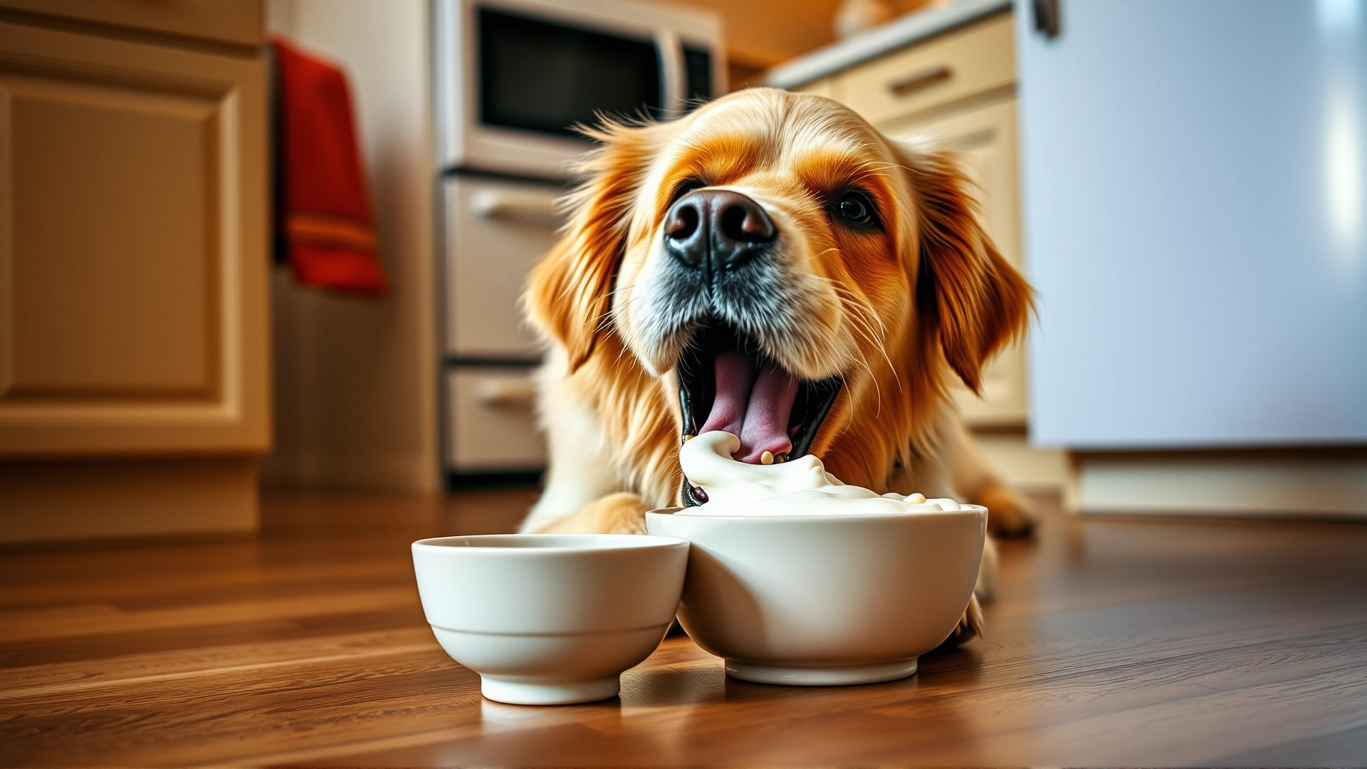 Golden Retriever eagerly licking plain yogurt from a ceramic bowl on a kitchen floor with warm lighting
