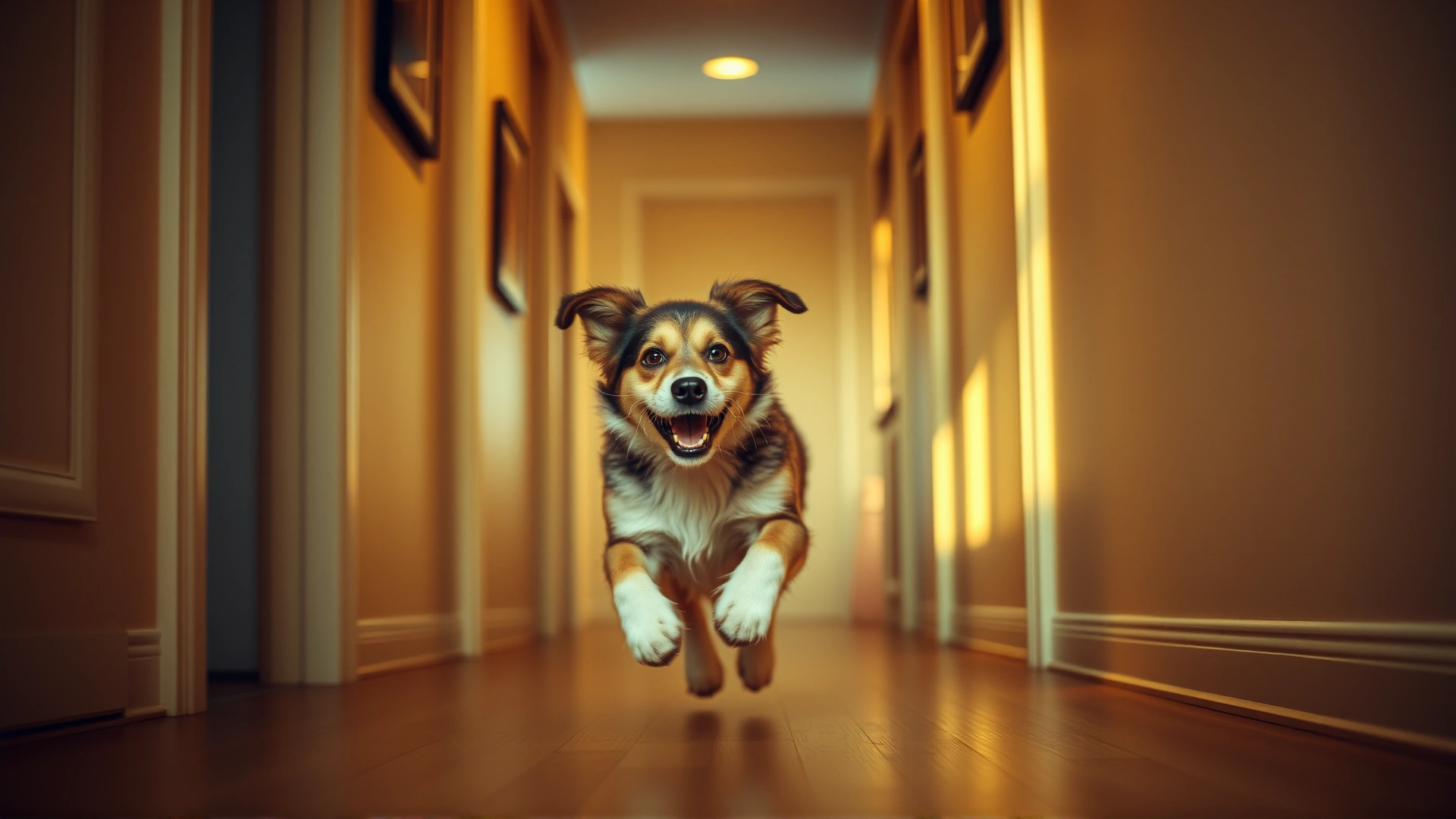 Dog running in circles down a hallway at home in warm evening lighting, creating a playful blur