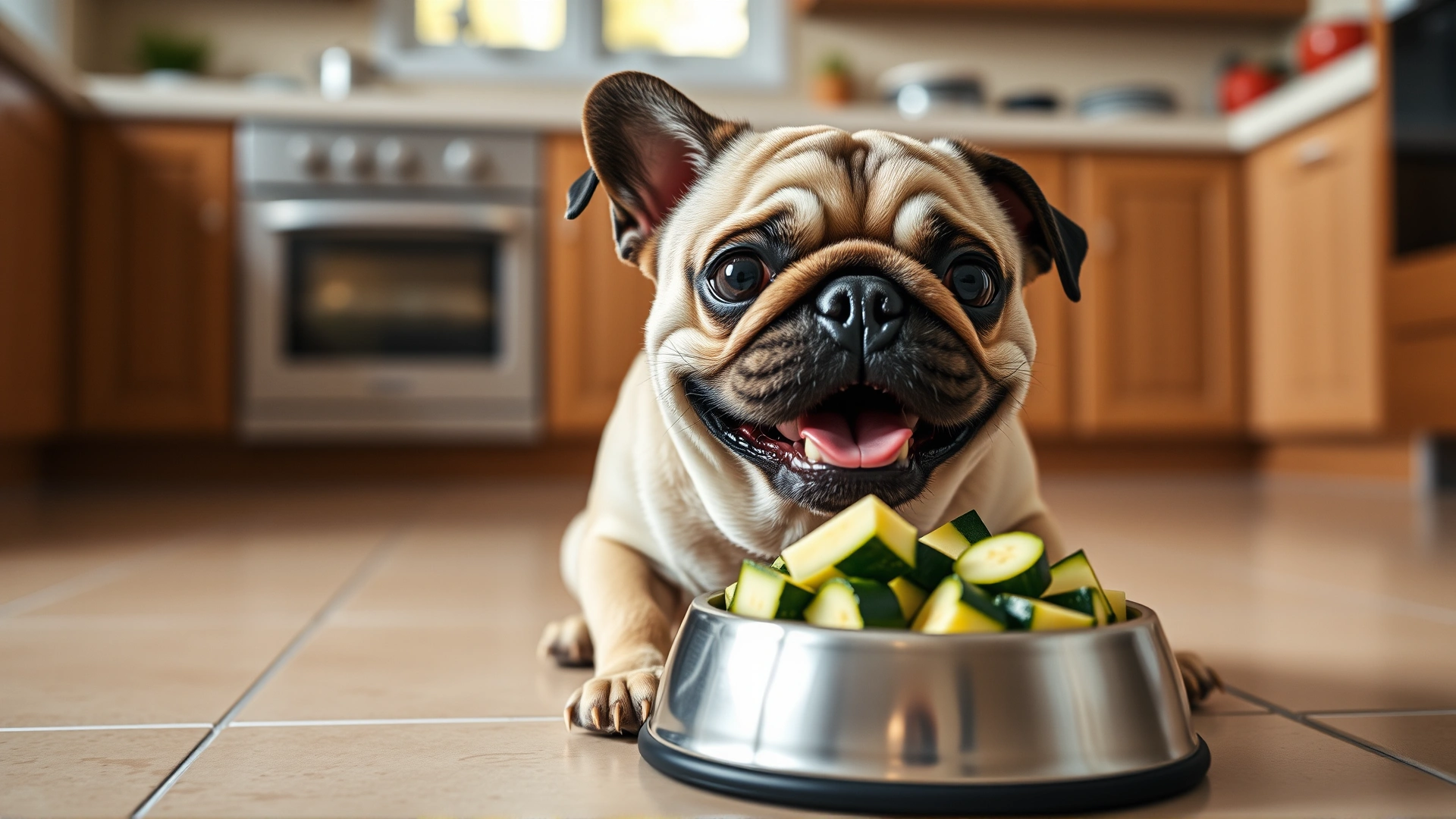 Small pug happily sitting beside a stainless steel dog bowl filled with bite-sized zucchini cubes on a tiled kitchen floor, warm indoor lighting