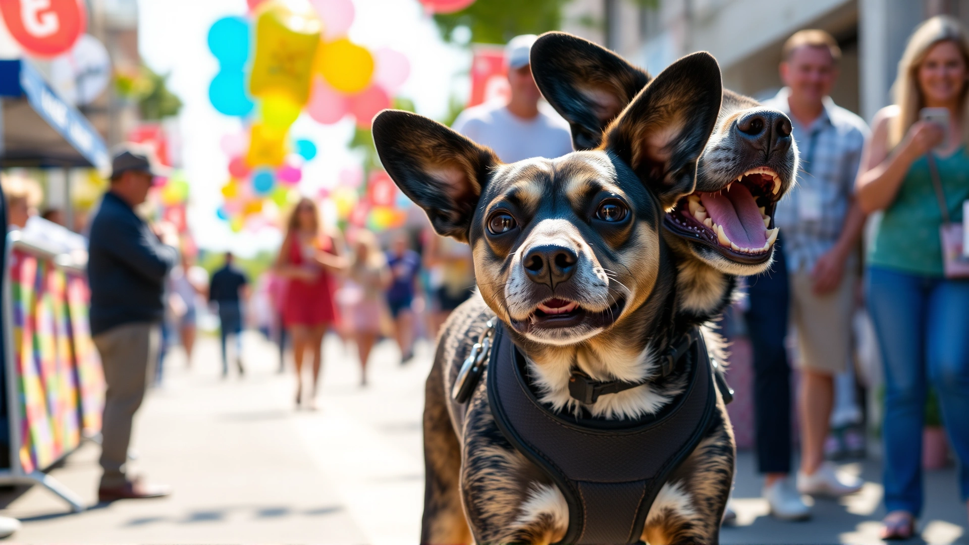 Medium-sized dog wearing a comfortable harness walking through a busy street festival with smiling people and balloons in the background, bright daylight.