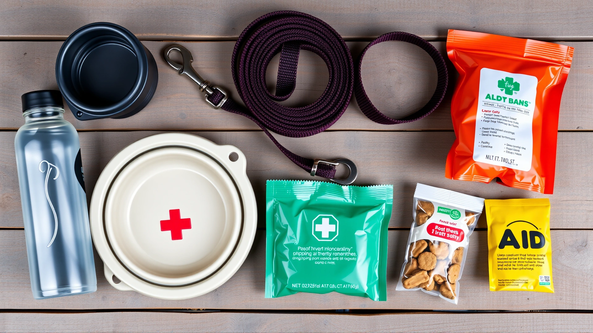 Flat lay of essential dog outing supplies on a wooden background: collapsible bowl, water bottle, leash, poop bags, treats, and a small first aid kit.