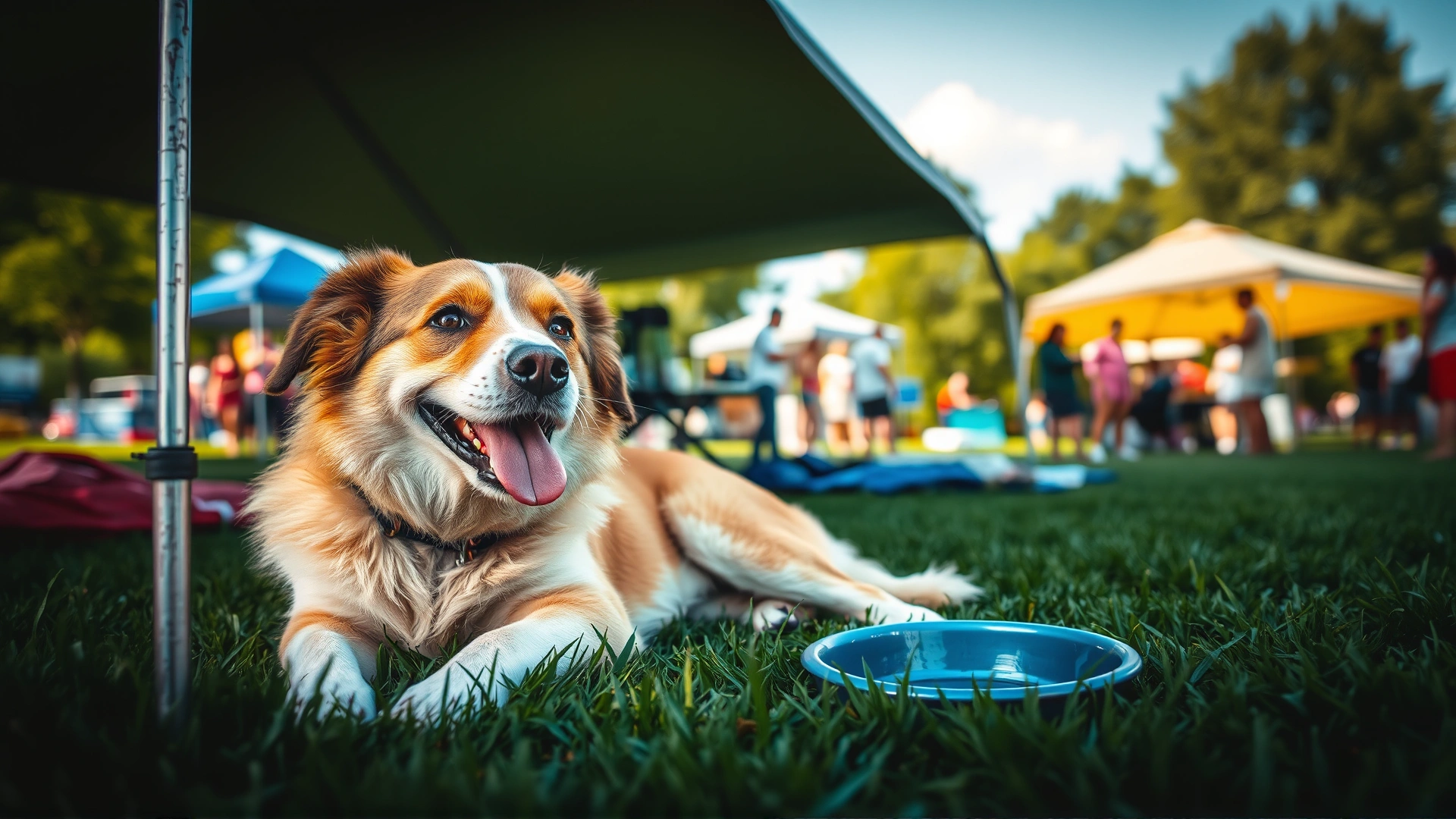 Happy dog lounging under a portable shade canopy on green grass during a sunny daytime event, with its water bowl placed nearby.