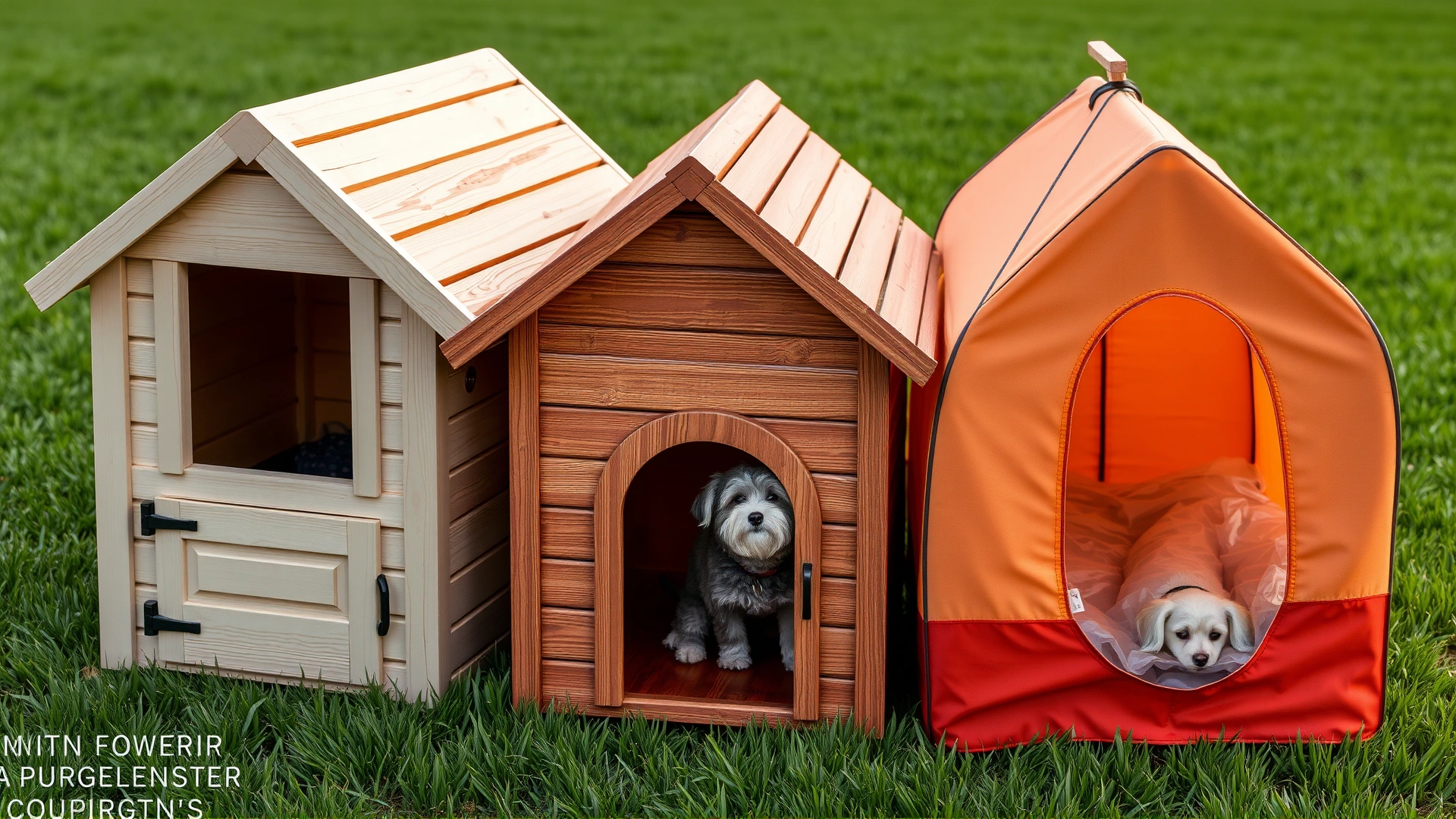 Lineup of three dog houses—wooden, plastic igloo-style, and fabric tent—arranged side by side on grass.
