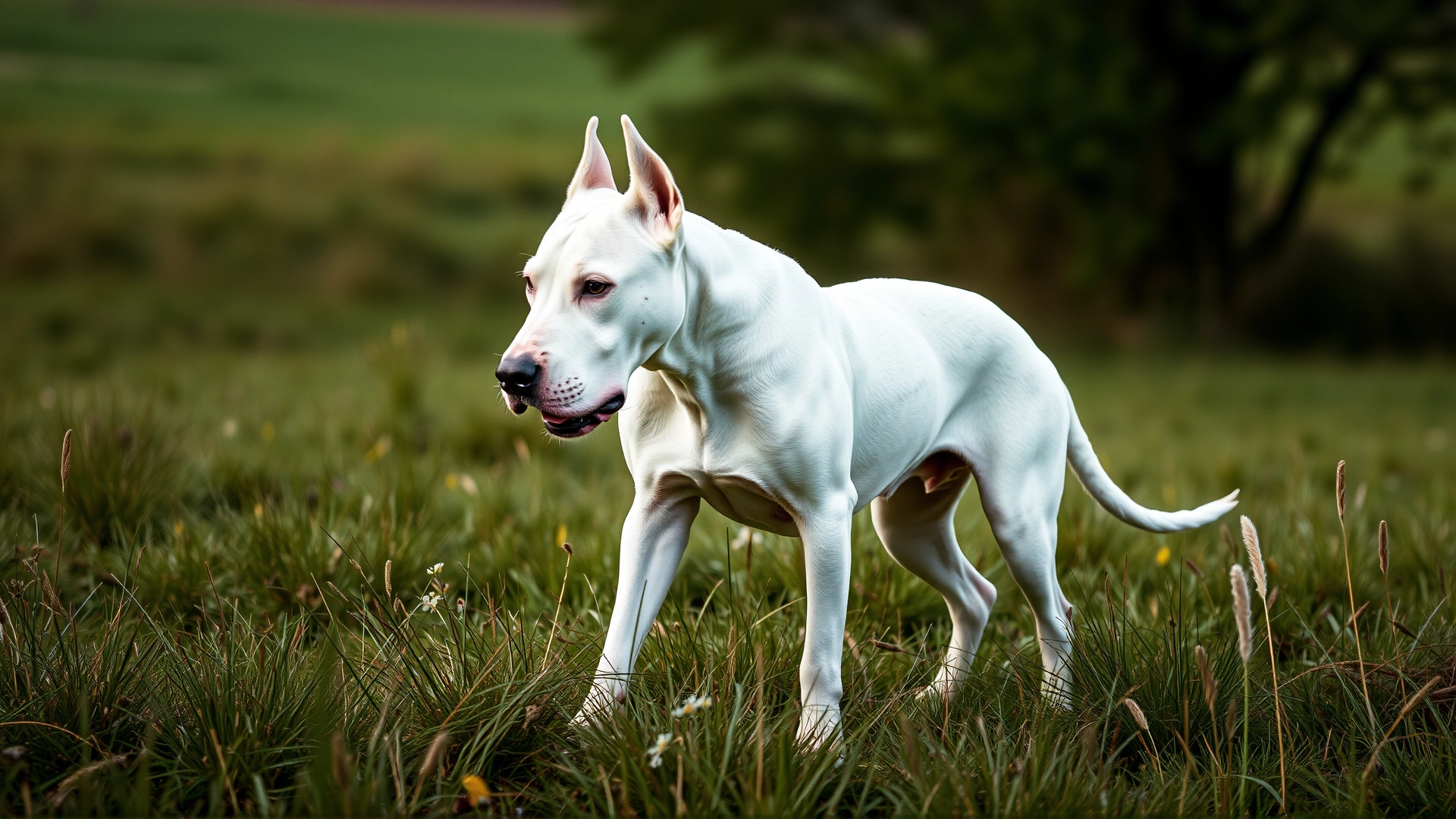 A muscular Dogo Argentino in a grassy field, alert and focused