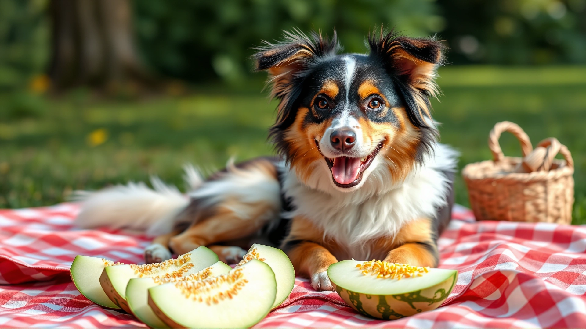 Playful dog sitting on picnic blanket with several slices of honeydew melon placed in front, summer outdoor setting, natural lighting.
