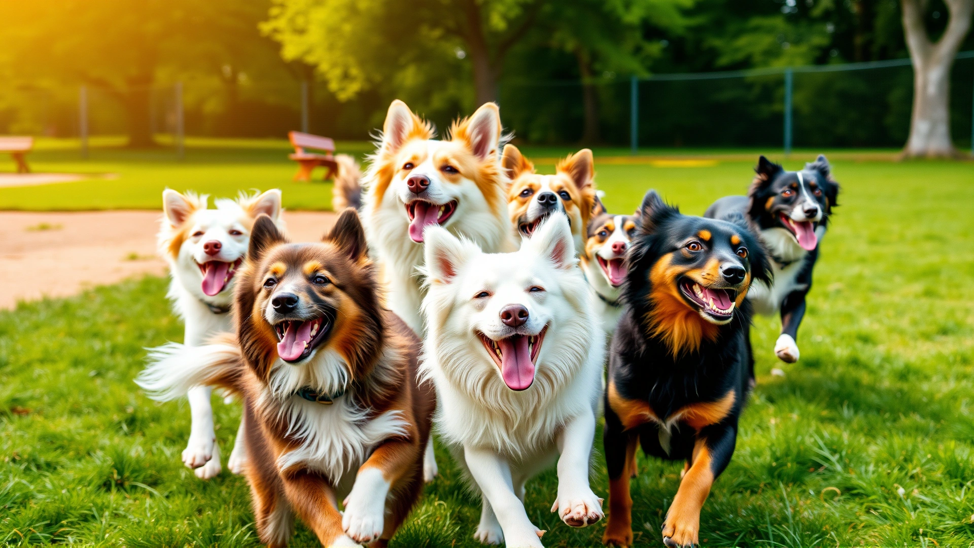 Group of different dog breeds playing together at an outdoor dog park on a sunny day with green grass and trees, dynamic motion, joyful atmosphere.