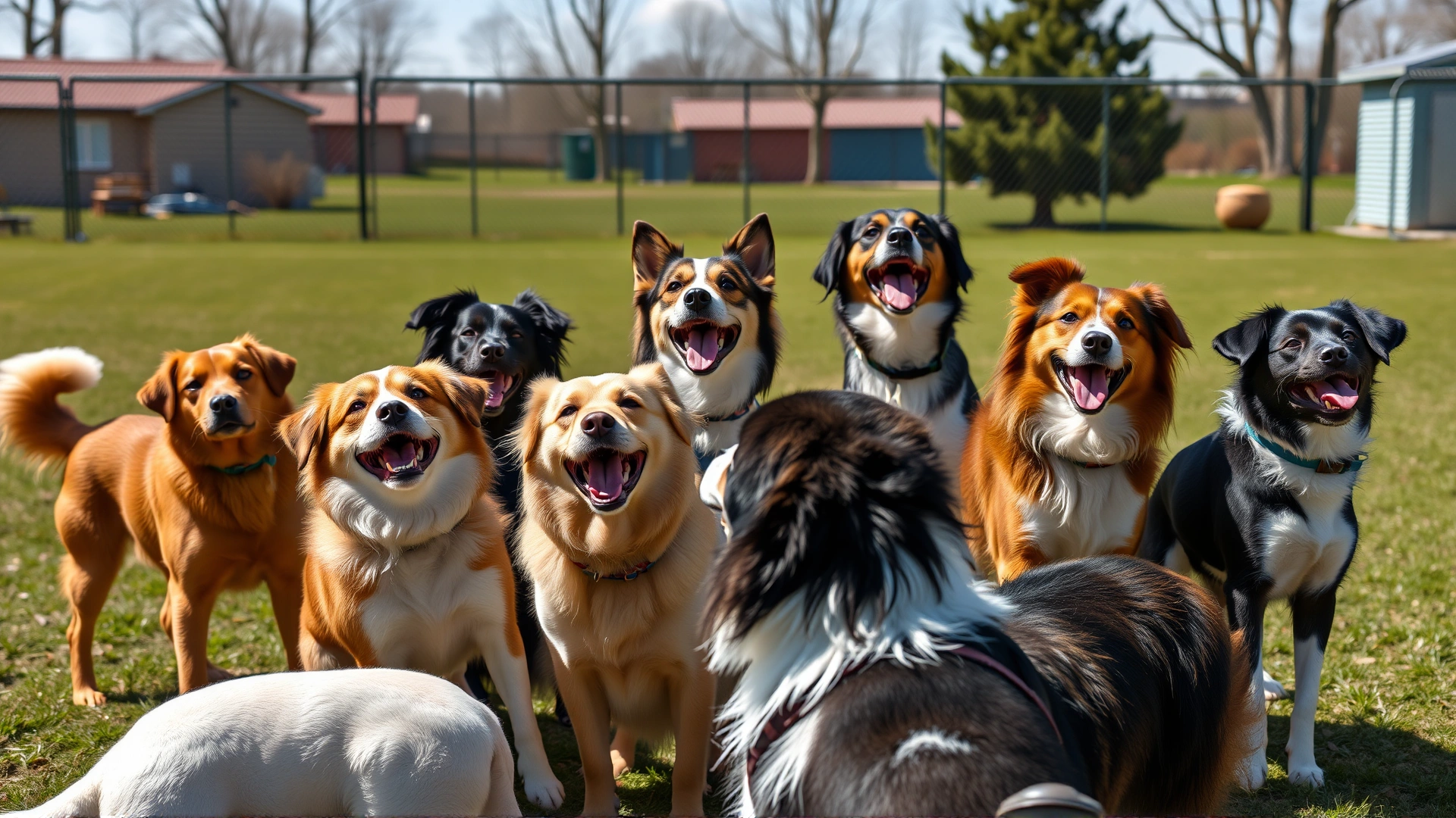 Group of diverse dog breeds joyfully playing together in a fenced dog park on a sunny day, showcasing positive interaction.