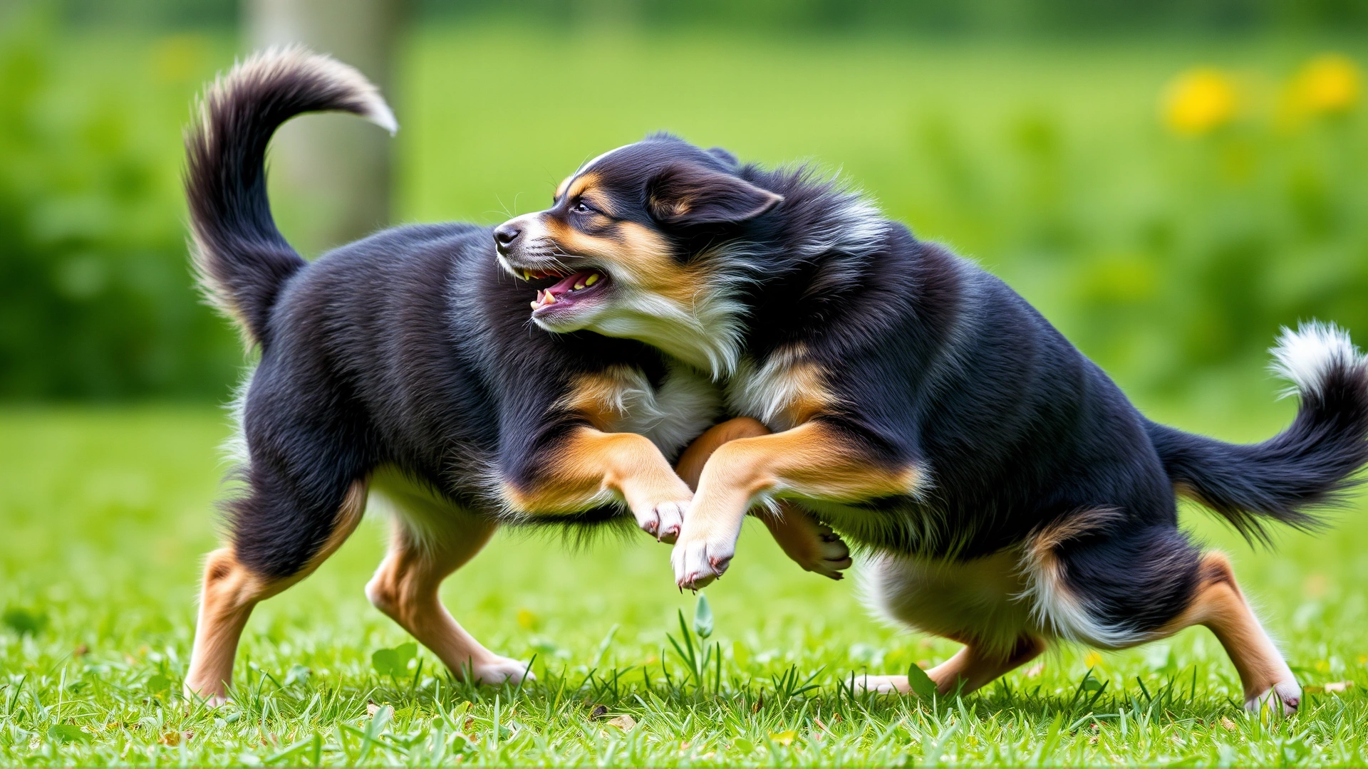 Two adolescent dogs playfully wrestling on green grass, captured in motion with blurred background.