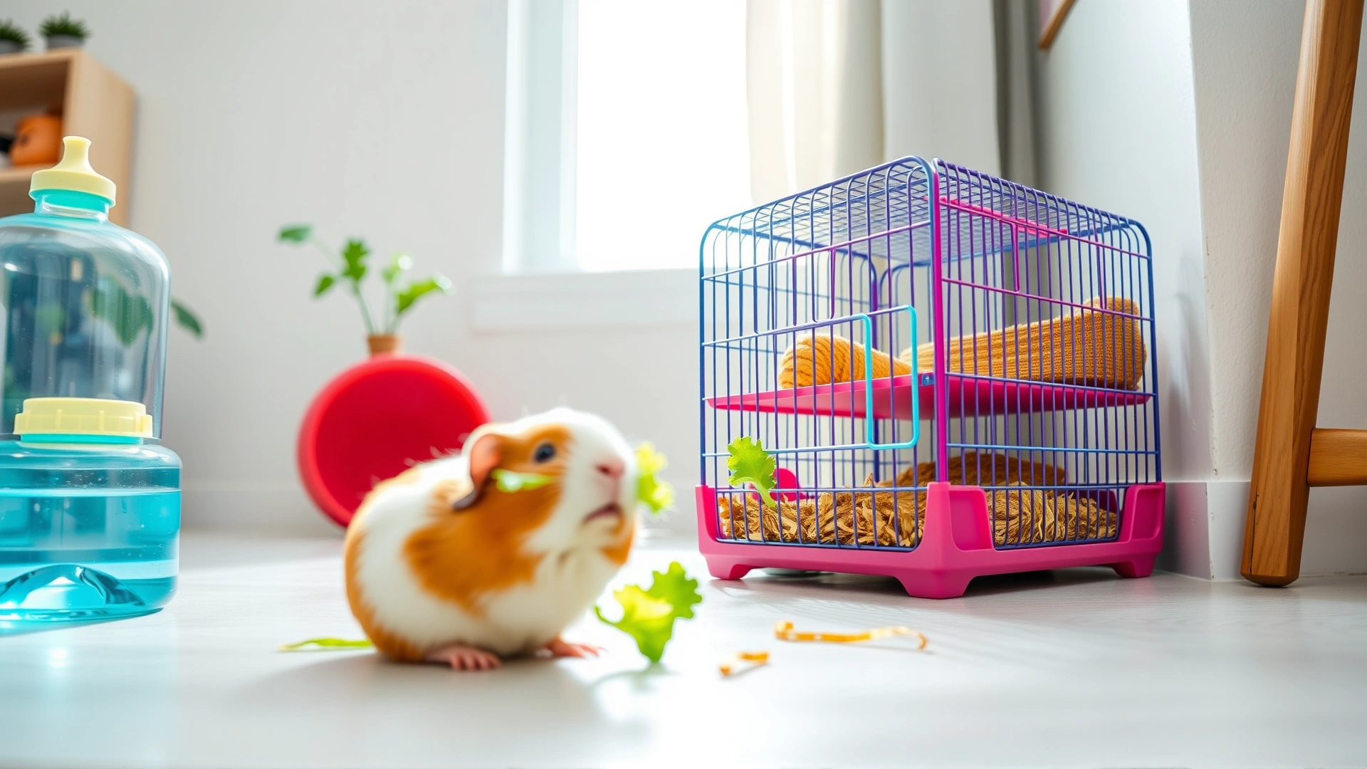 Modern cozy indoor setup with a colorful guinea pig cage, hay, water bottle, and a happy domestic guinea pig nibbling lettuce, bright natural light