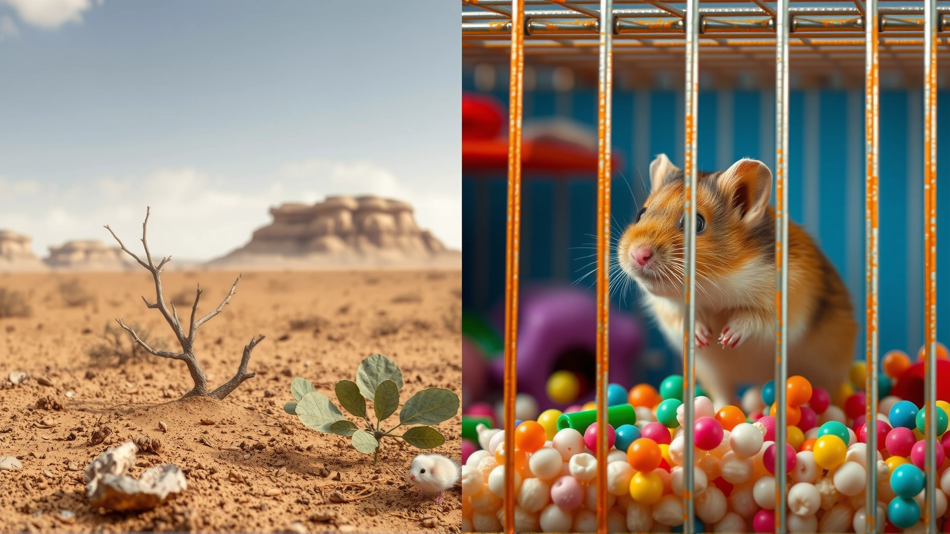 Split-scene image: left half shows a wild hamster in arid habitat, right half shows a domestic hamster in a colorful cage; both halves balanced and seamless