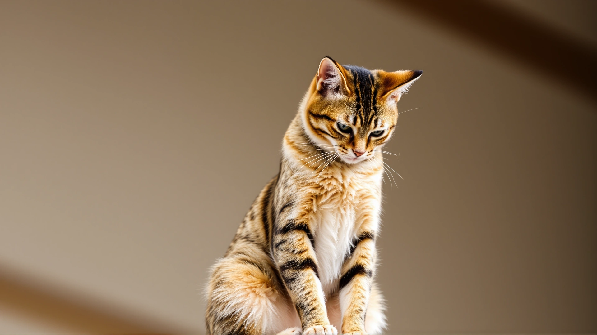 Confident cat sitting upright on an elevated perch looking down, assertive body language, natural light