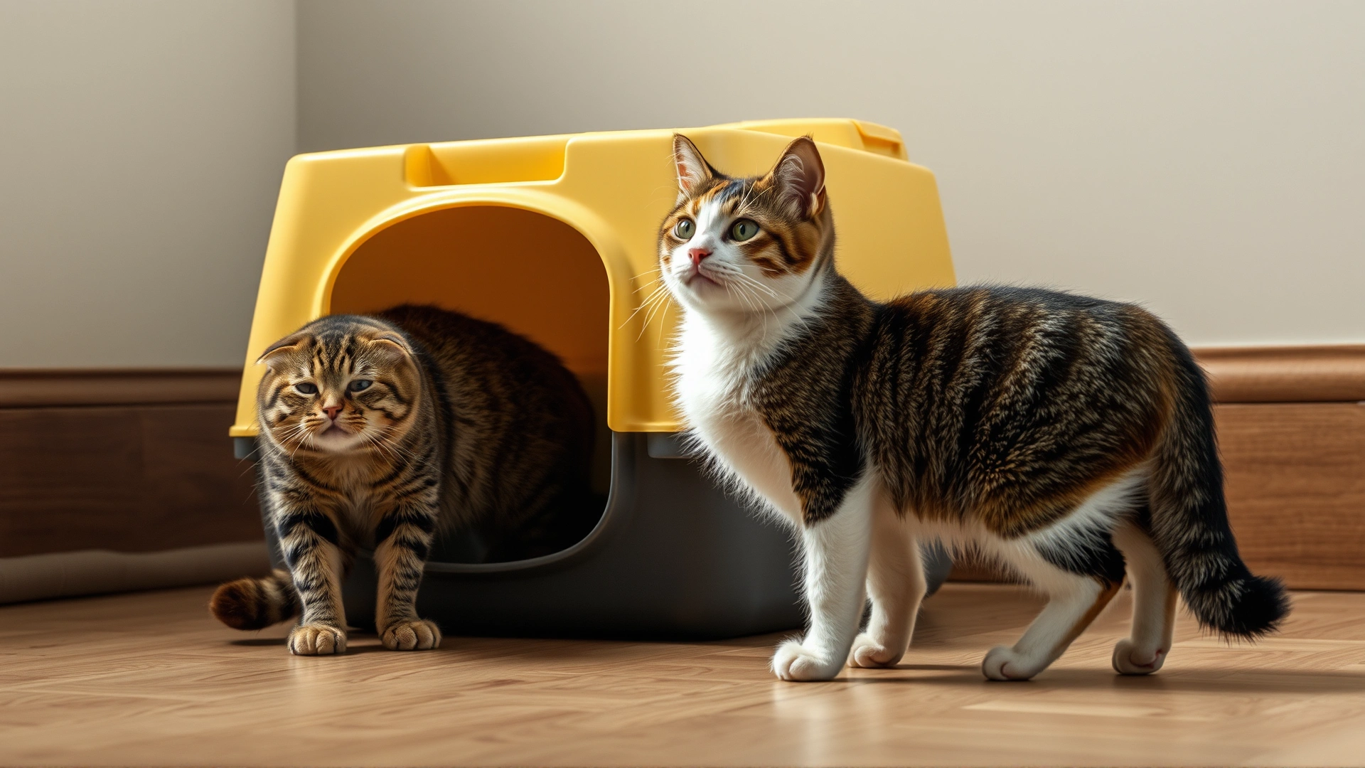 Photo of two domestic cats near a litter box; one cat standing confidently inside the box while another waits outside, illustrating dominance