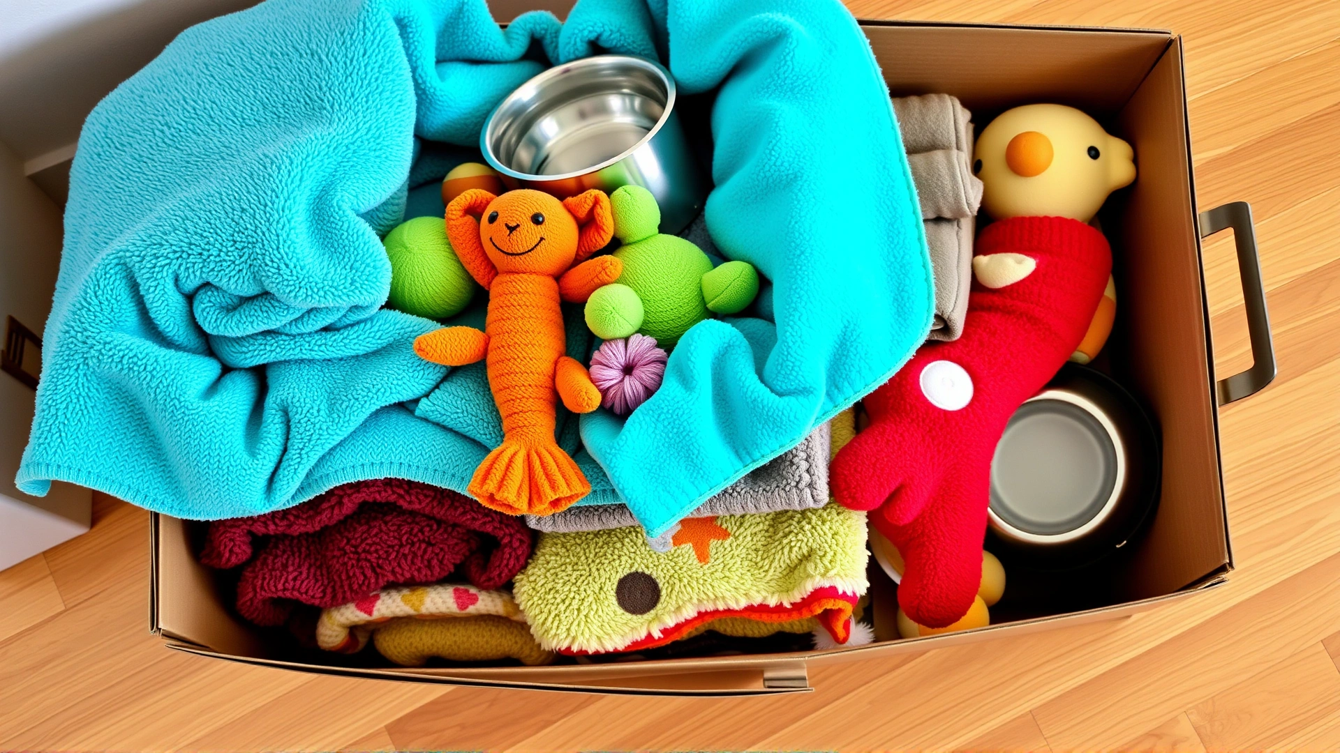 Stack of clean pet blankets, toys, and food bowls neatly arranged in a donation box, on a hardwood floor.