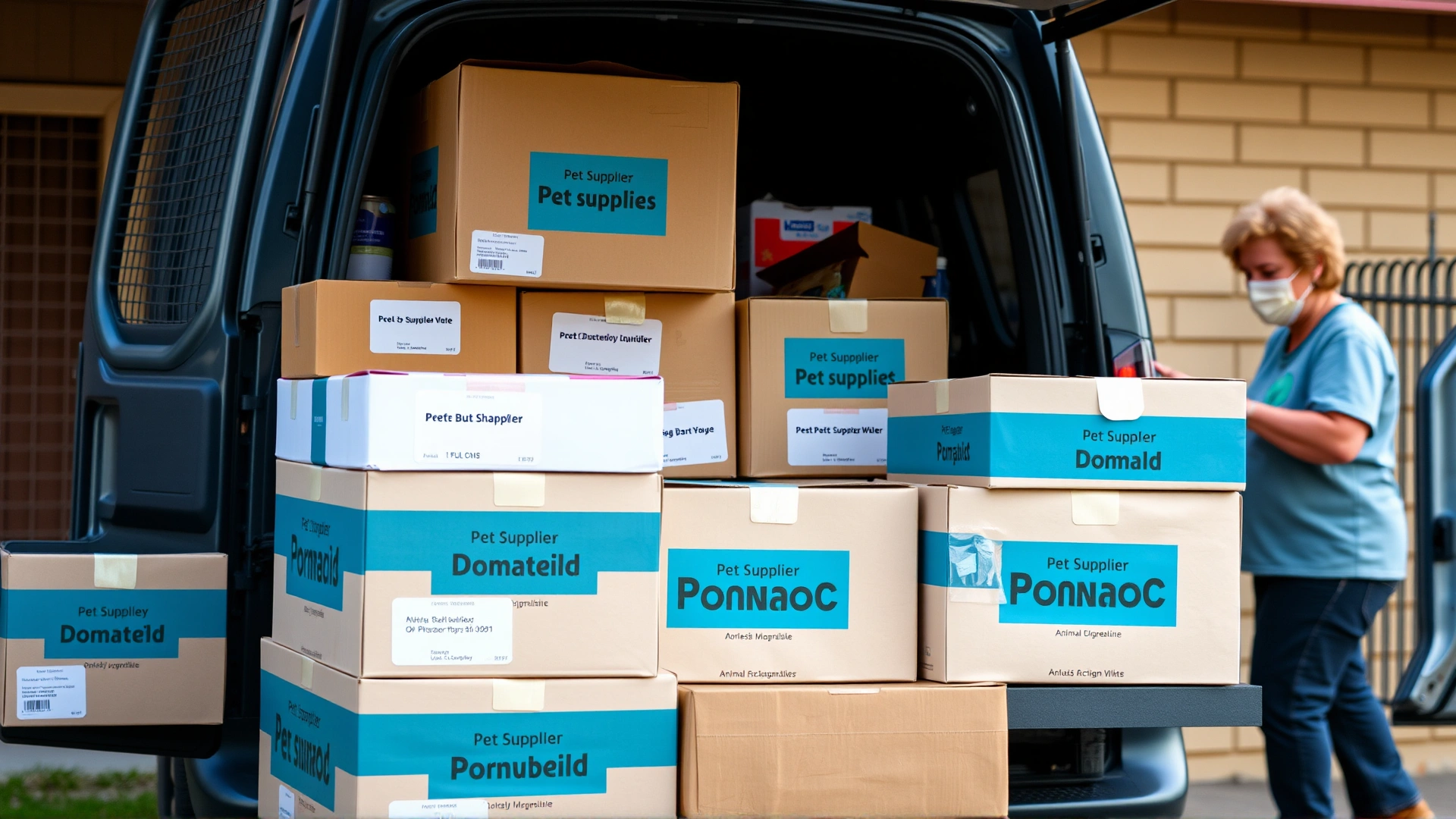Neatly stacked donation boxes labeled with pet supplies (no text visible) and a volunteer loading them into a van outside an animal shelter.