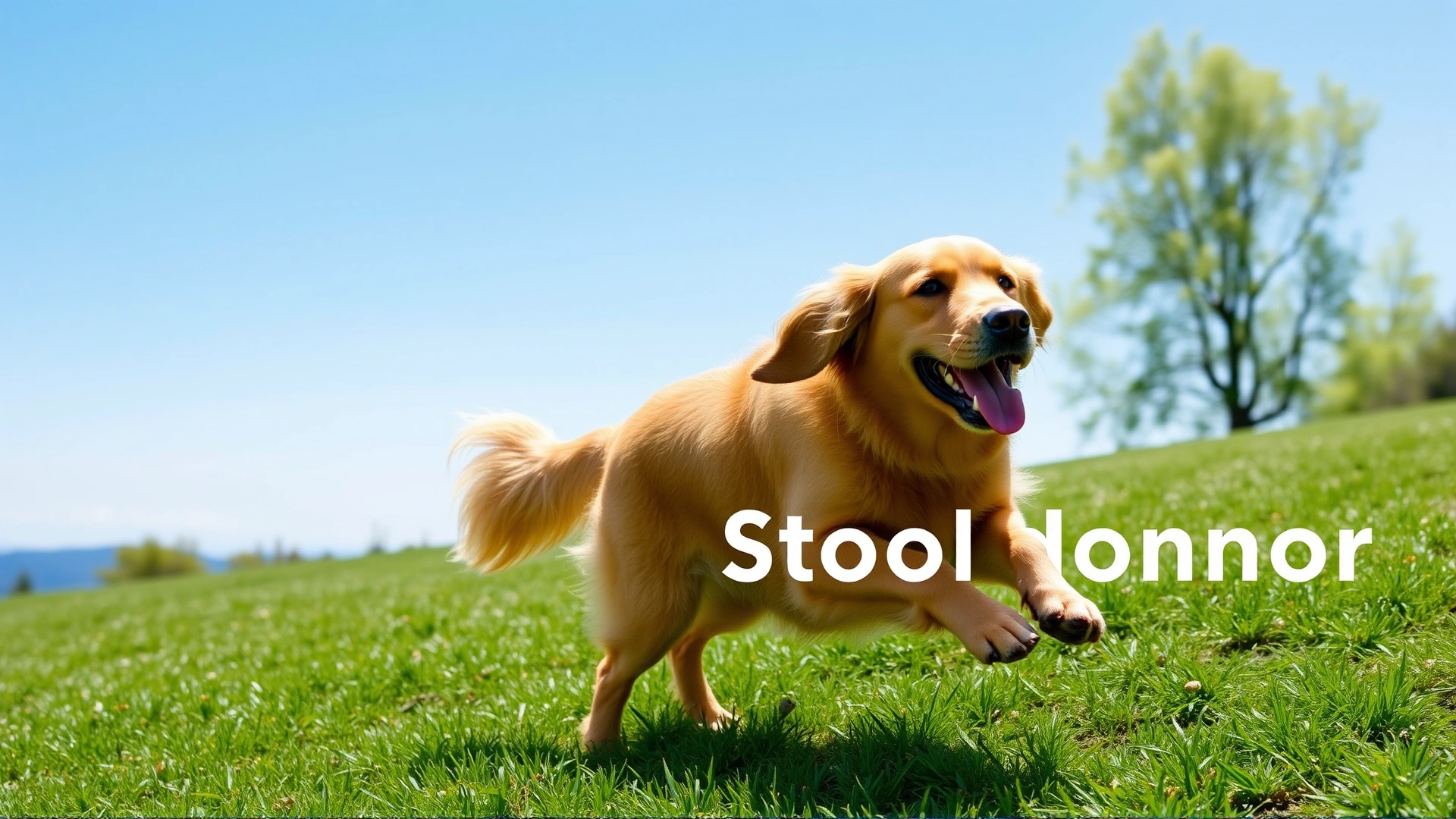 Healthy golden retriever running outdoors on green grass under a blue sky, symbolizing a potential stool donor, no text.