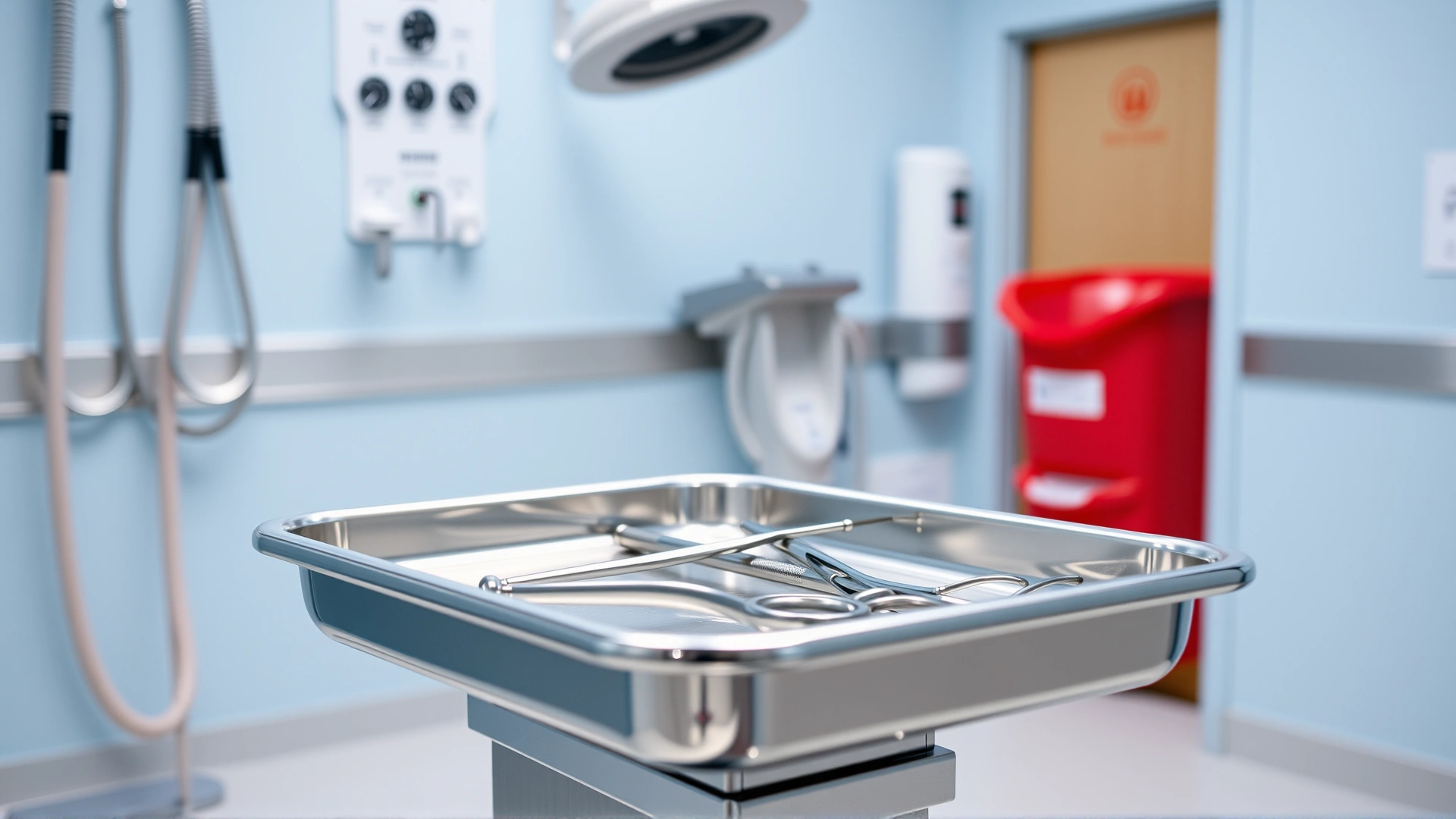 Sterile stainless steel veterinary instrument tray inside an examination room