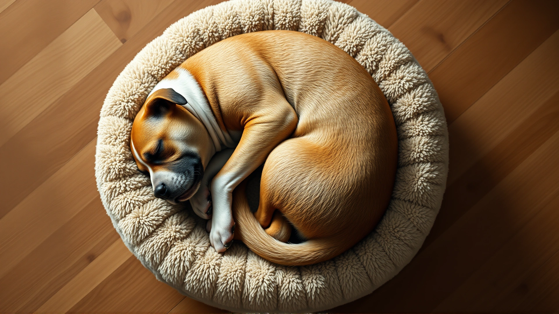 A curled-up dog sleeping in the classic donut position in a round plush dog bed, shot from above
