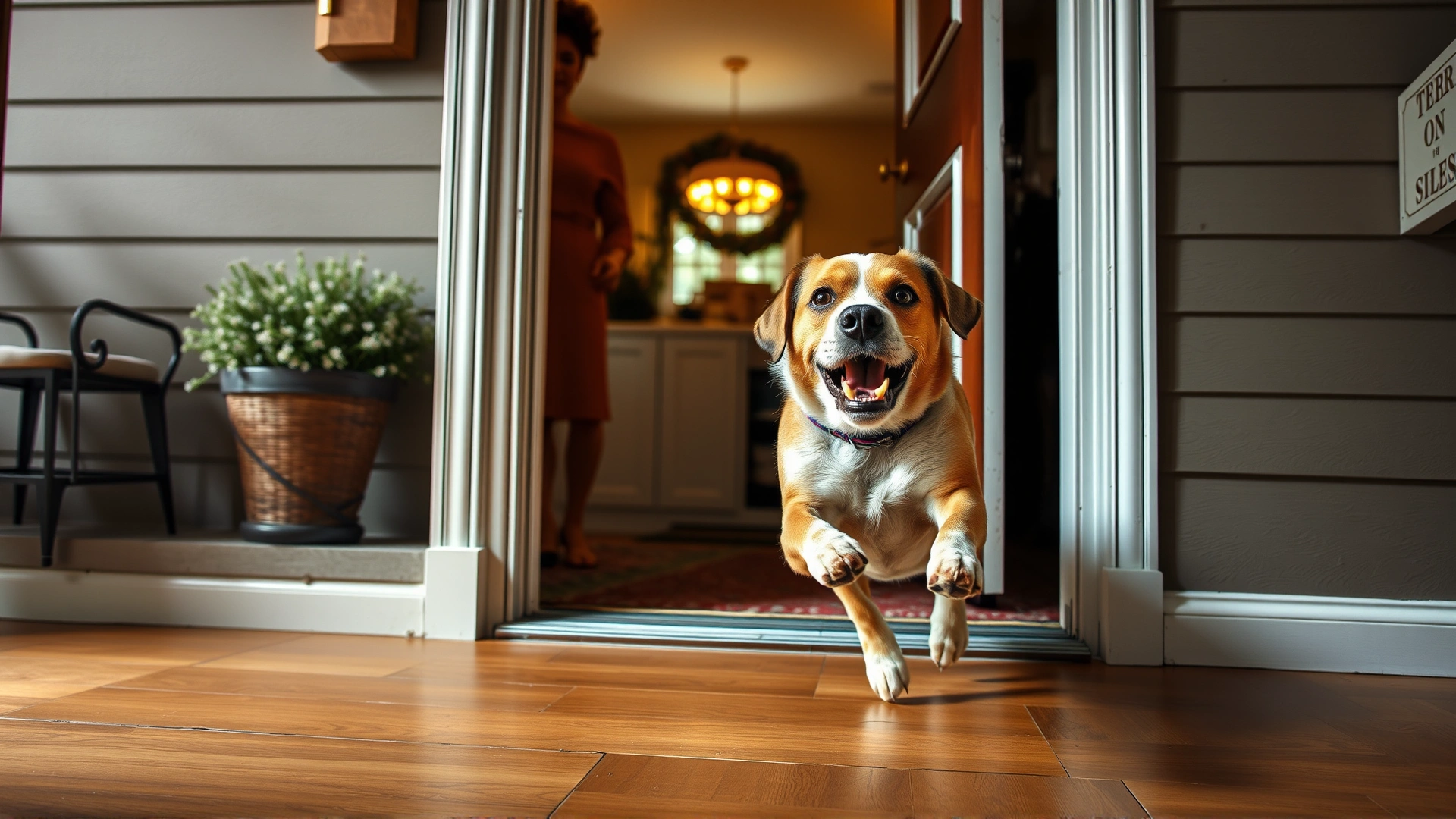 A medium-sized dog attempting to dash through an open front door while guests enter, capturing the moment of potential escape.