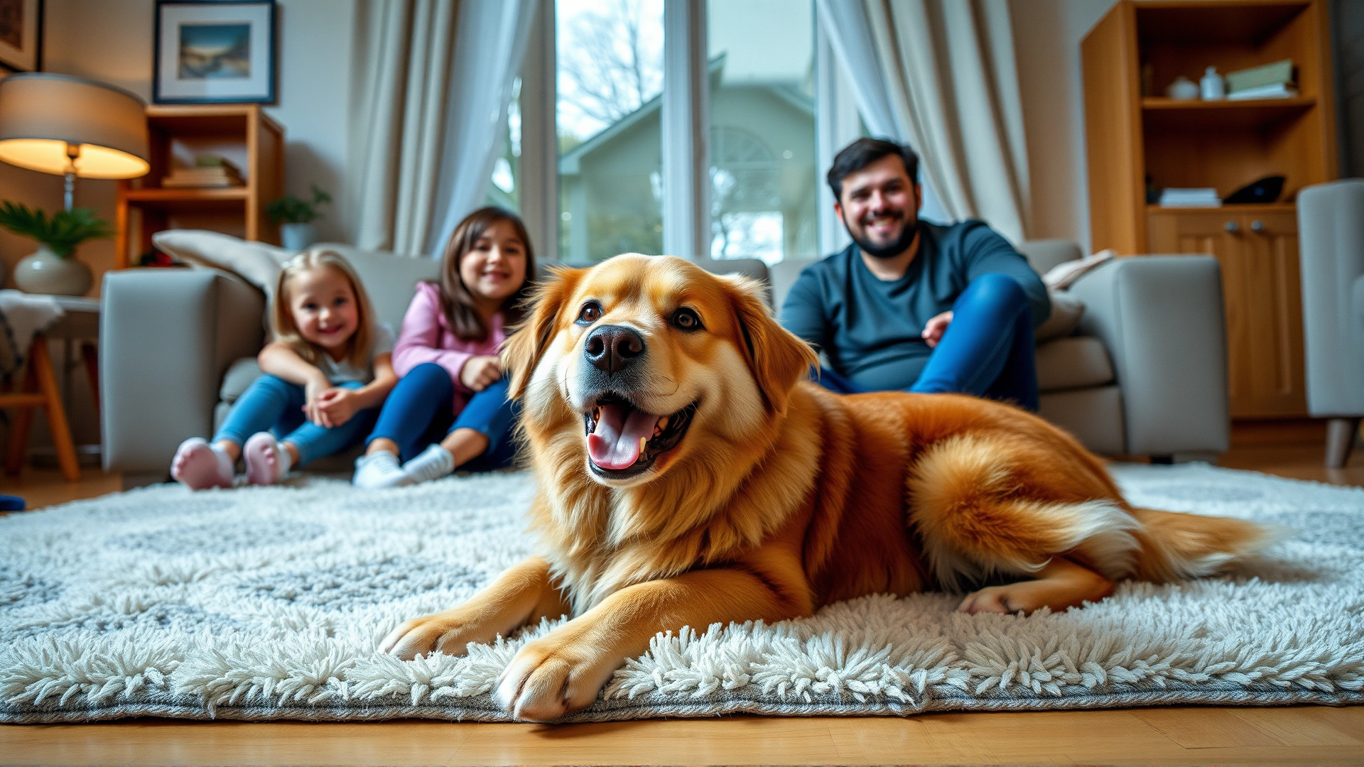Cozy living-room scene showing a Dorgi lying on a rug surrounded by a smiling family, including children.