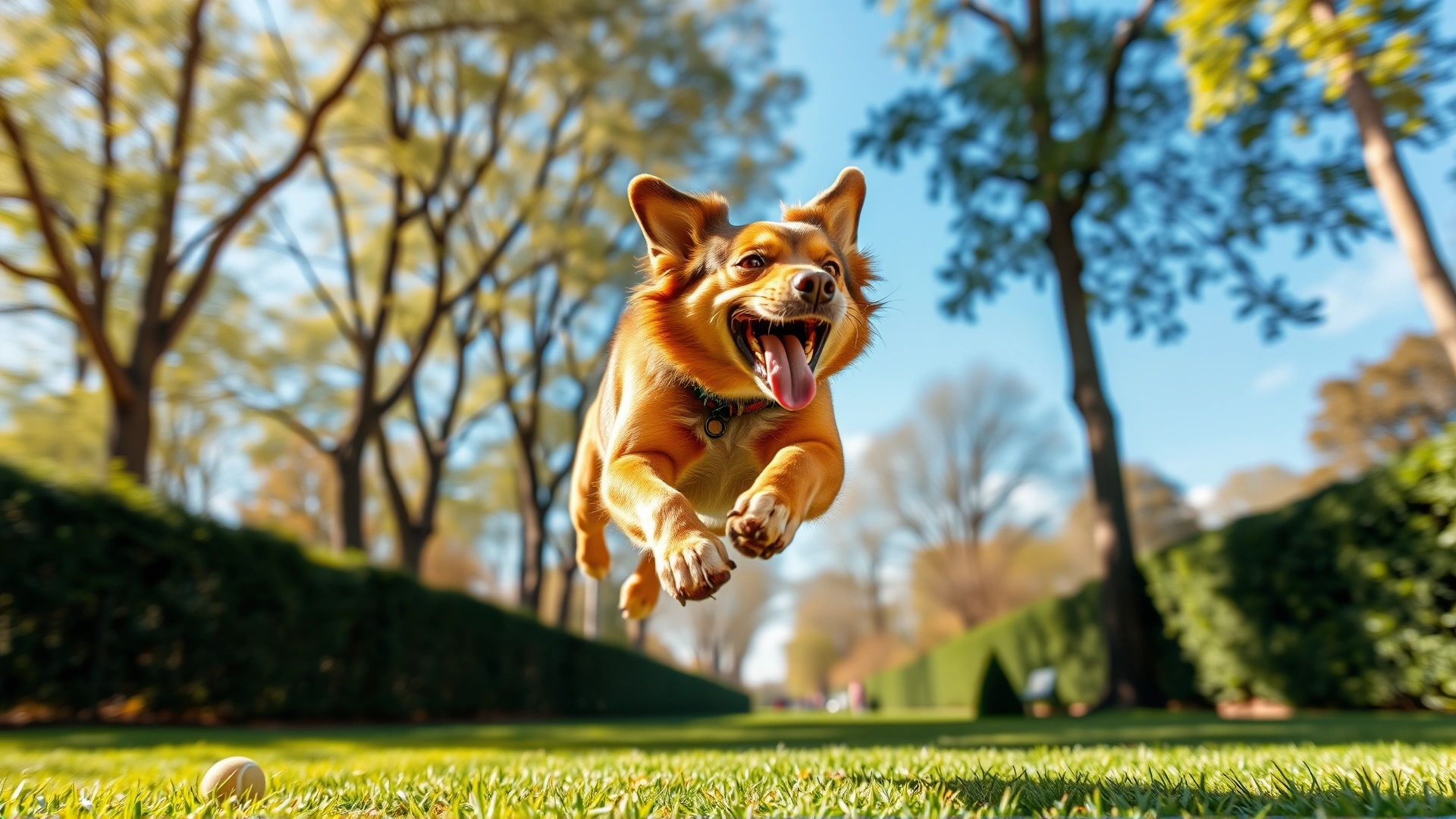 Action shot of an energetic Dorgi mid-leap while chasing a tennis ball in a sunny park.