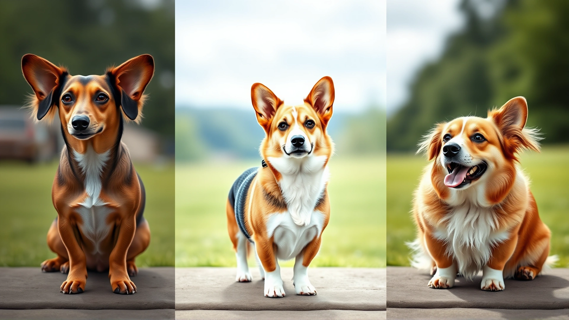 Side-by-side outdoor photo showing an adult Dorgi standing between a full-grown Dachshund and a Welsh Corgi to illustrate size differences.