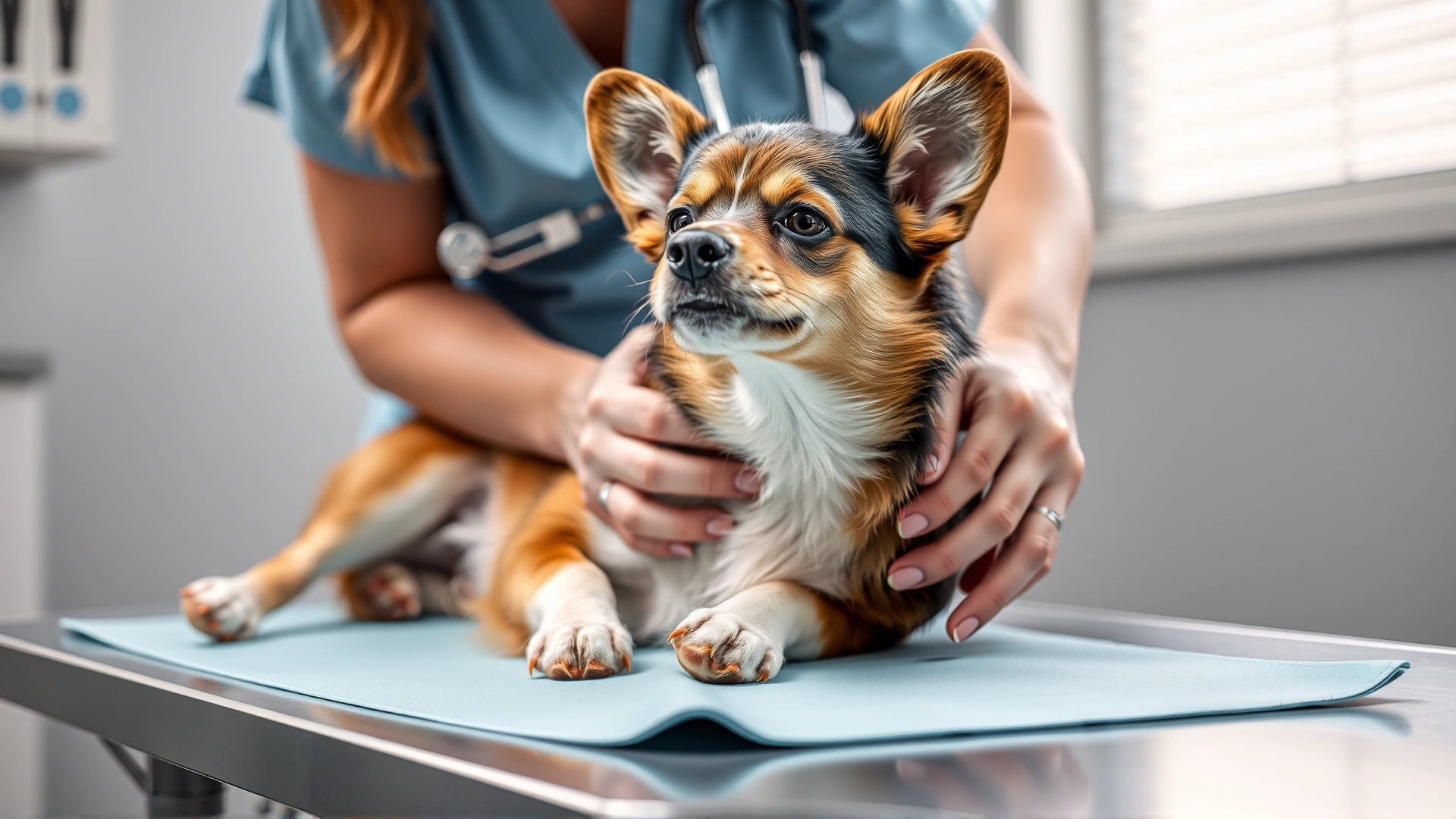 Veterinarian gently examining a relaxed Dorgi on a clinic table, illustrating routine health care.