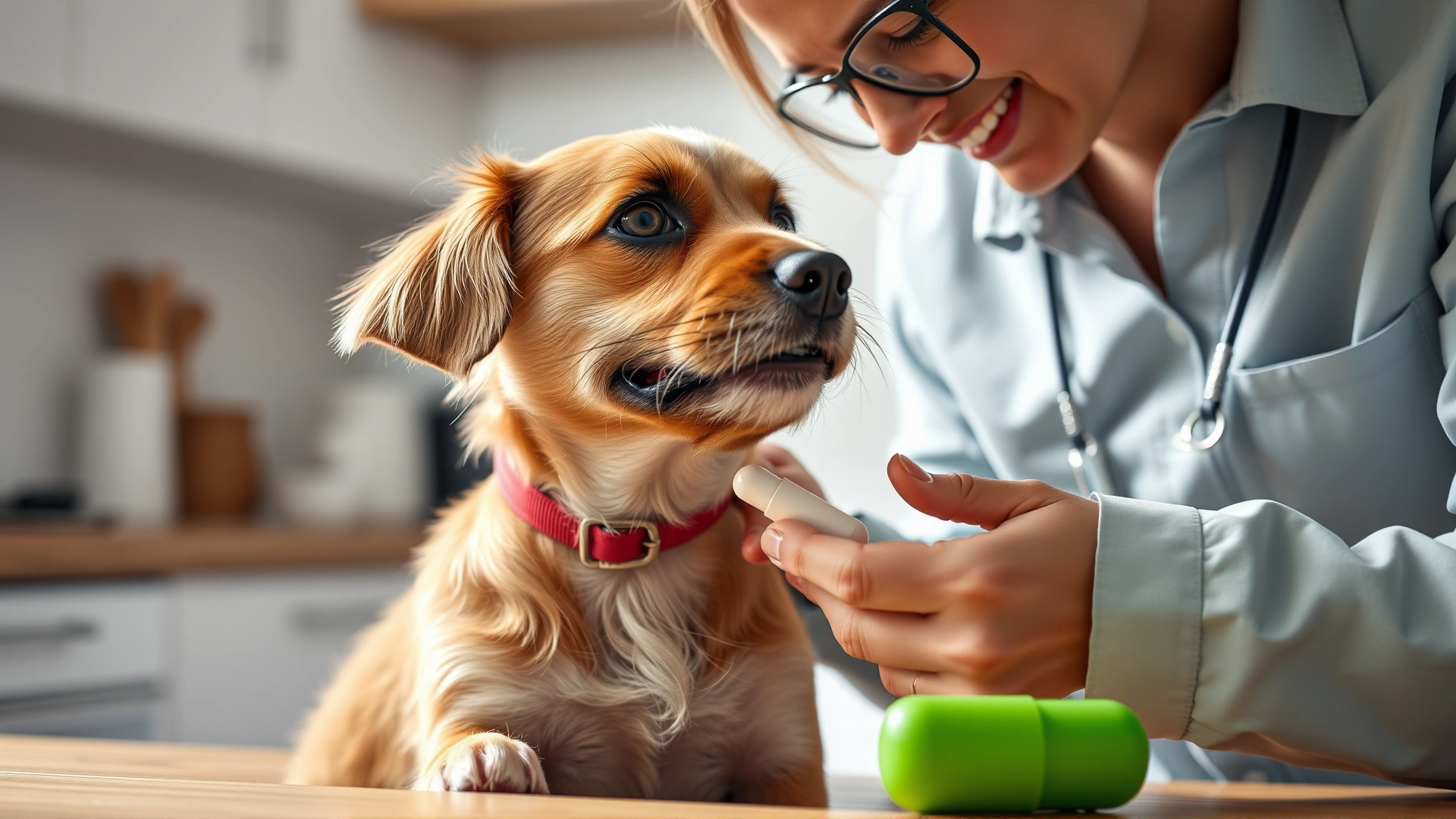 Pet owner gently giving a pill to a small dog using a pill popper, kitchen environment, soft natural lighting