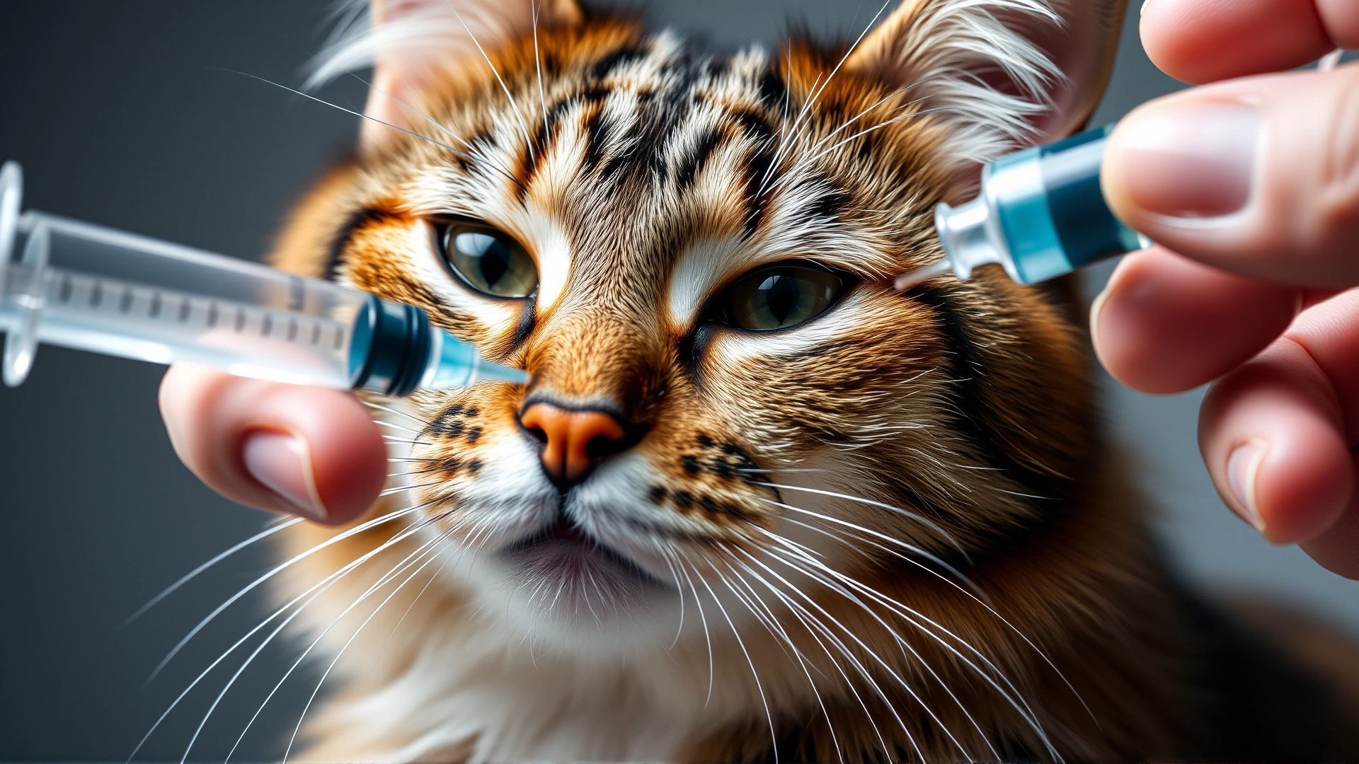 Close-up of a hand administering liquid medicine to a calm tabby cat using an oral syringe, focus on technique