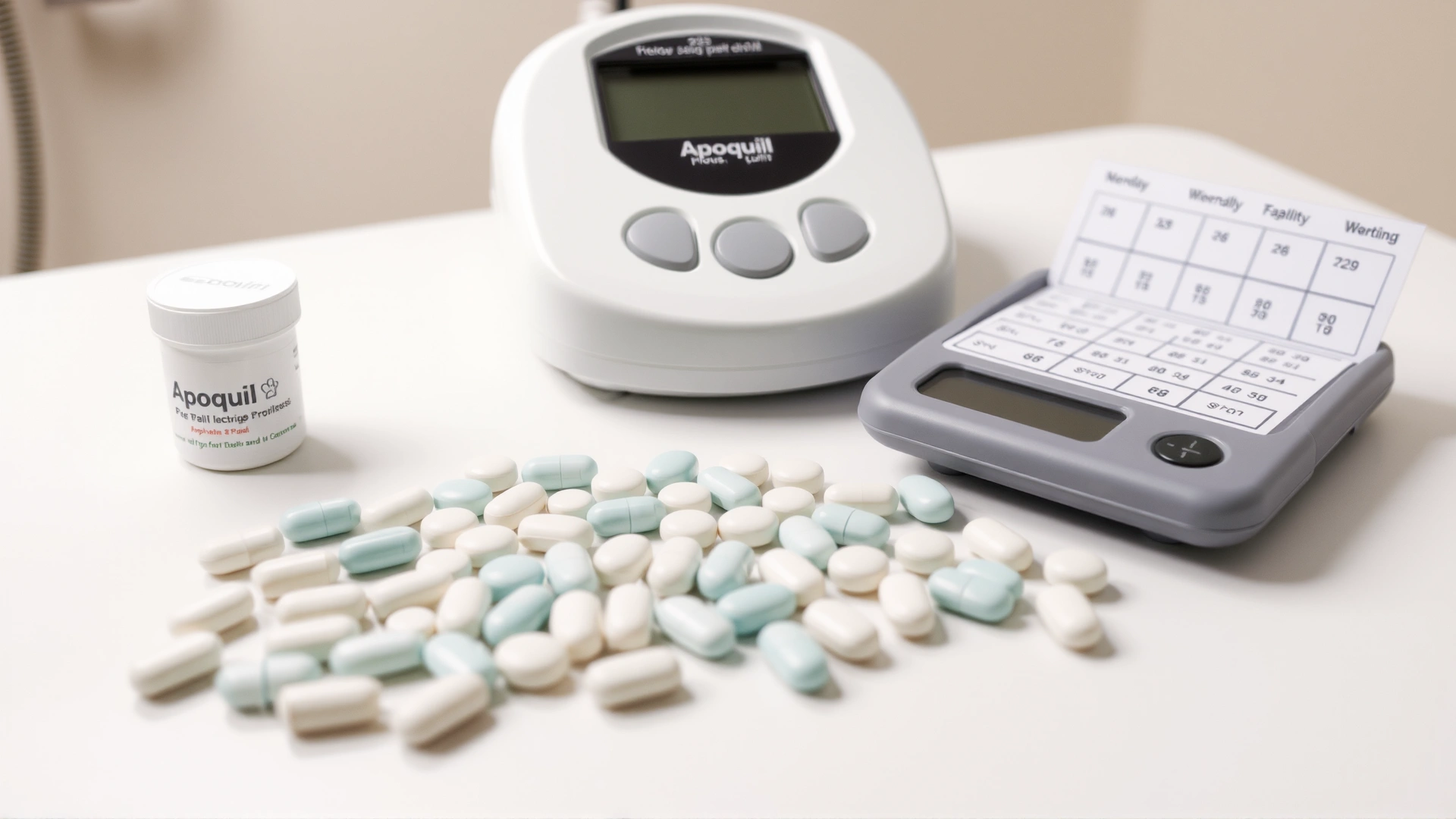 Assortment of Apoquel tablets laid out next to a digital pet scale and weekly pill organizer on a veterinary examination table, neutral background