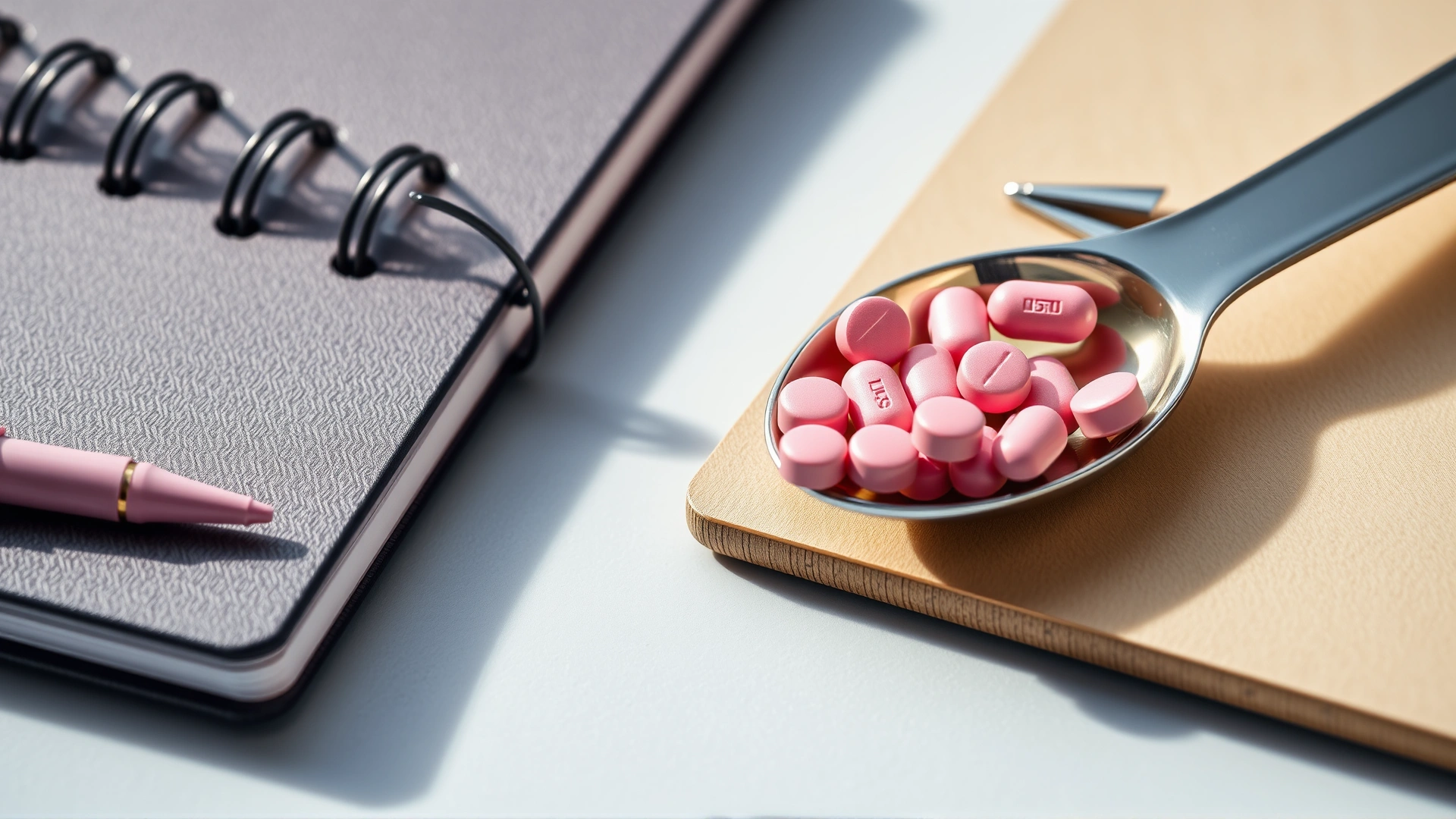 A measuring spoon with small pink pills beside a notebook and a pen, symbolizing dosage calculation for pets, soft daylight, no text on image.