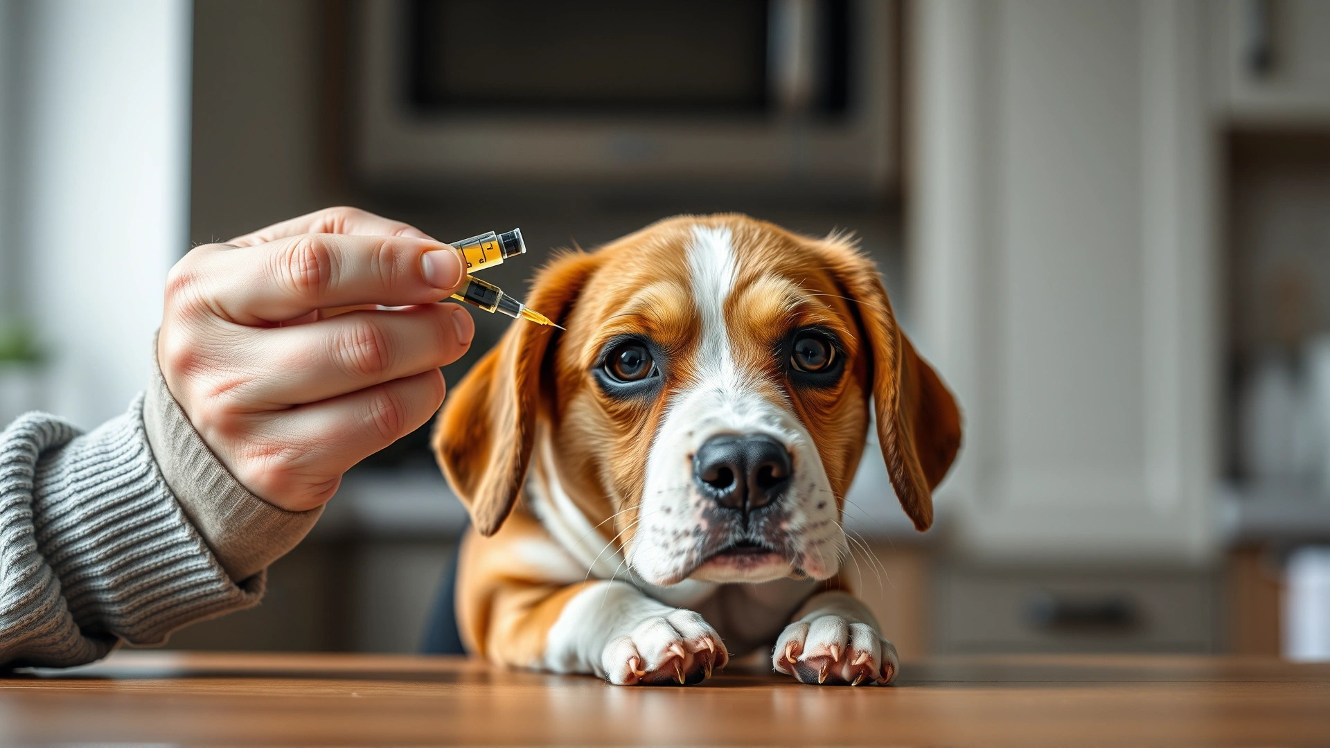 An owner’s hand carefully drawing liquid medication into a clear oral syringe next to a small curious beagle, kitchen background softly blurred.