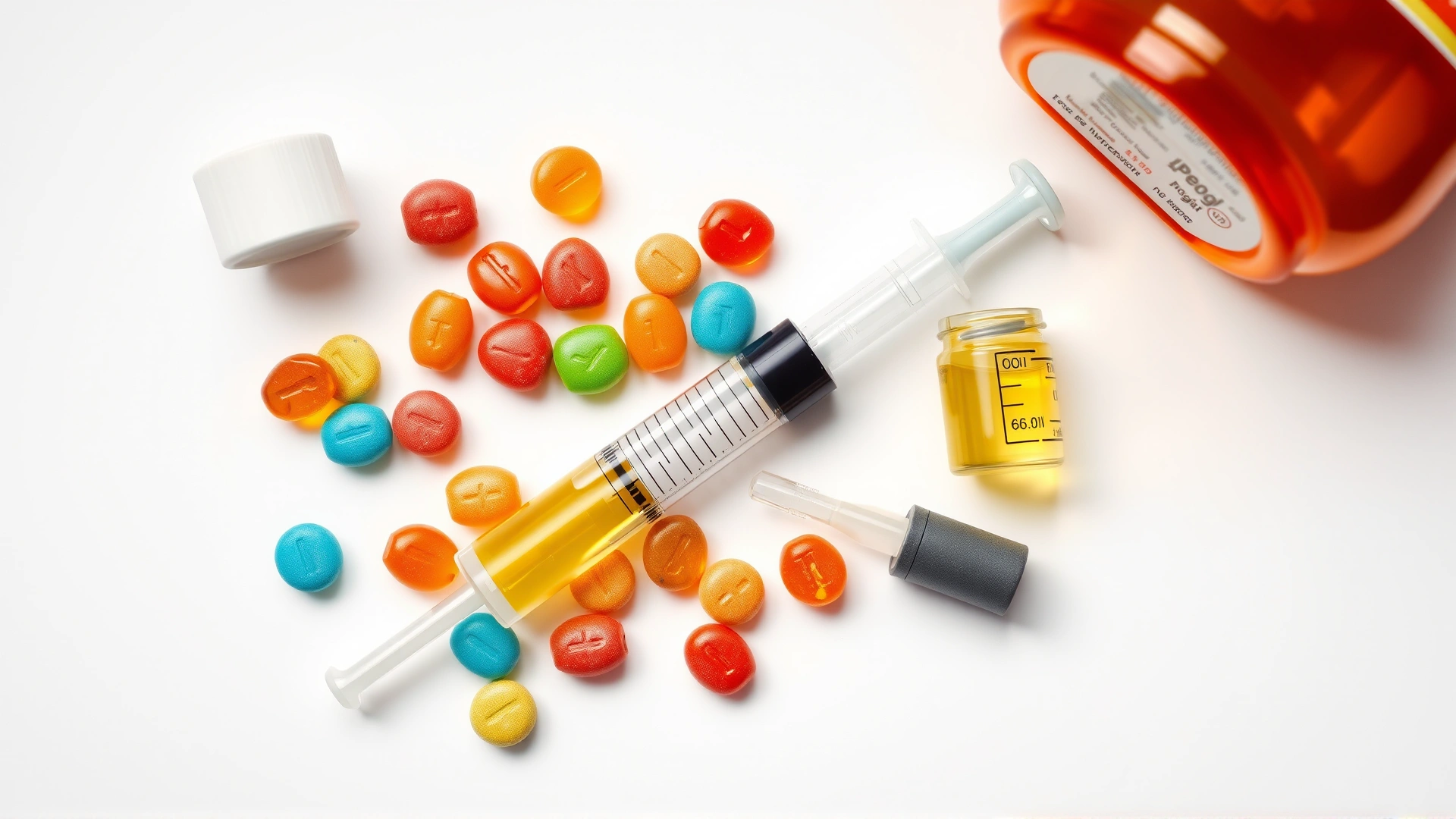Assortment of pet medications on a white surface including flavored chewable tablets, liquid syringe, topical pipette, and a small vial, photographed from above