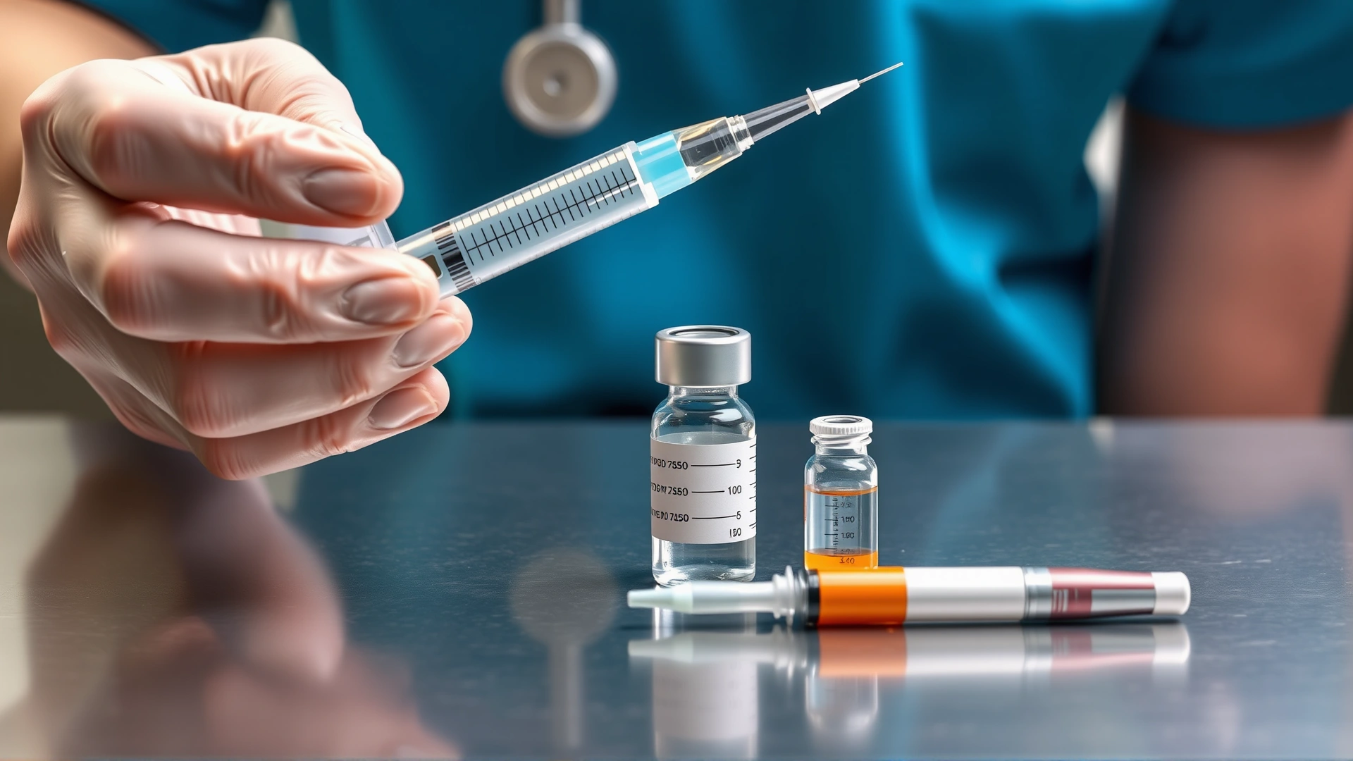 Illustrative photo of a vet measuring an injectable medication dose in a syringe next to a small medicine vial on a stainless steel table.